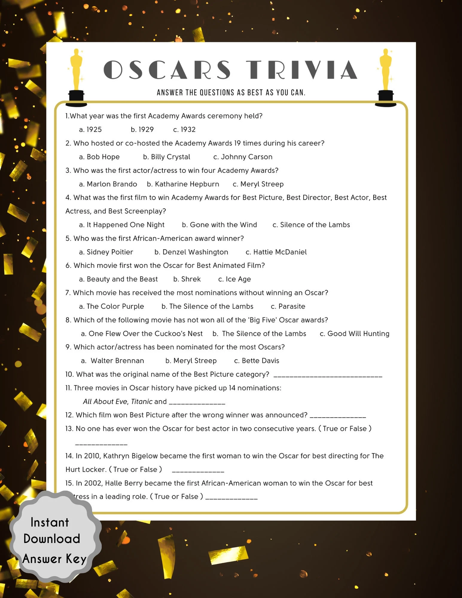 Oscars Trivia Game 95th Academy Awards Printable PDF instant Download Etsy