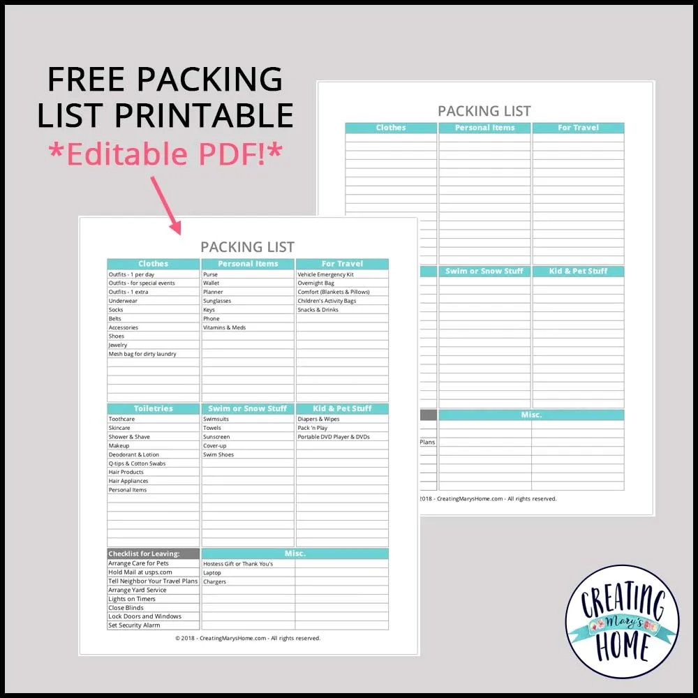 Printable Daily Packing List