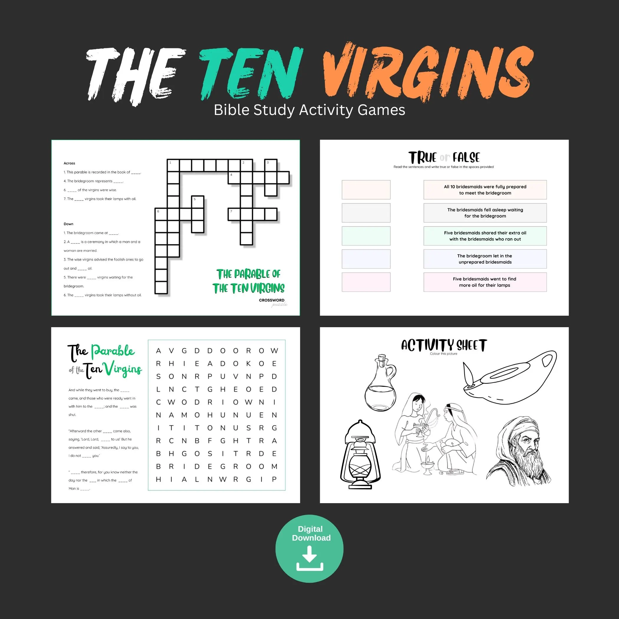 Parables Of 10 Virgins Christian Bible Study Printable Quiz Game Fun Children Church Sunday School Activity Kid Crosswordpuzzle Wordsearch Etsy