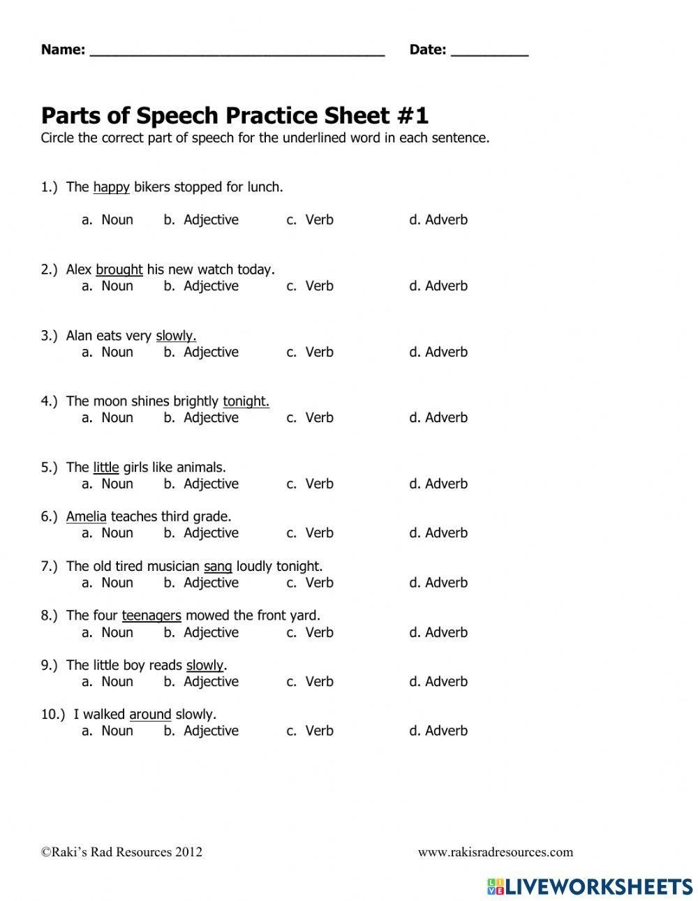Printable Parts Of Speech Quiz Printable Parts Of Speech Quiz