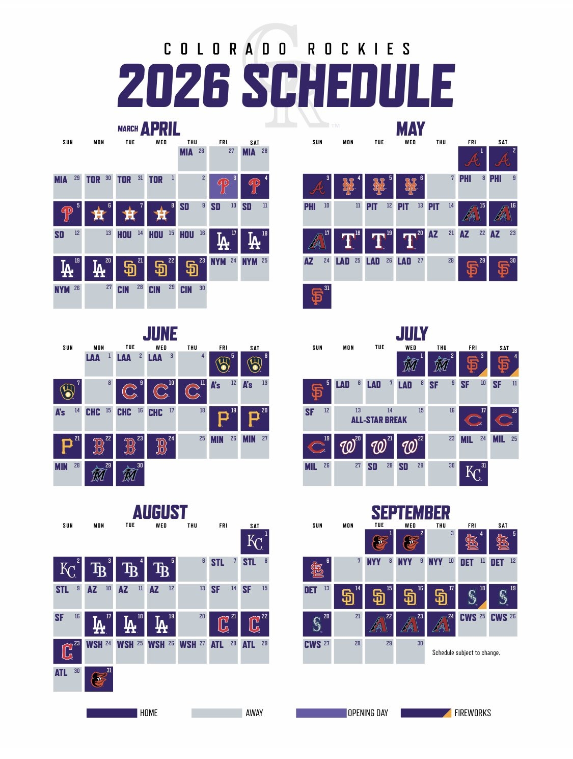 Patrick Lyons On X The 2026 MLB Schedule For The Colorado Rockies Is Here Opening Day At Marlins March 26 Home Opener Vs Phillies April 3 Las Vegas Ballpark Vs A s June