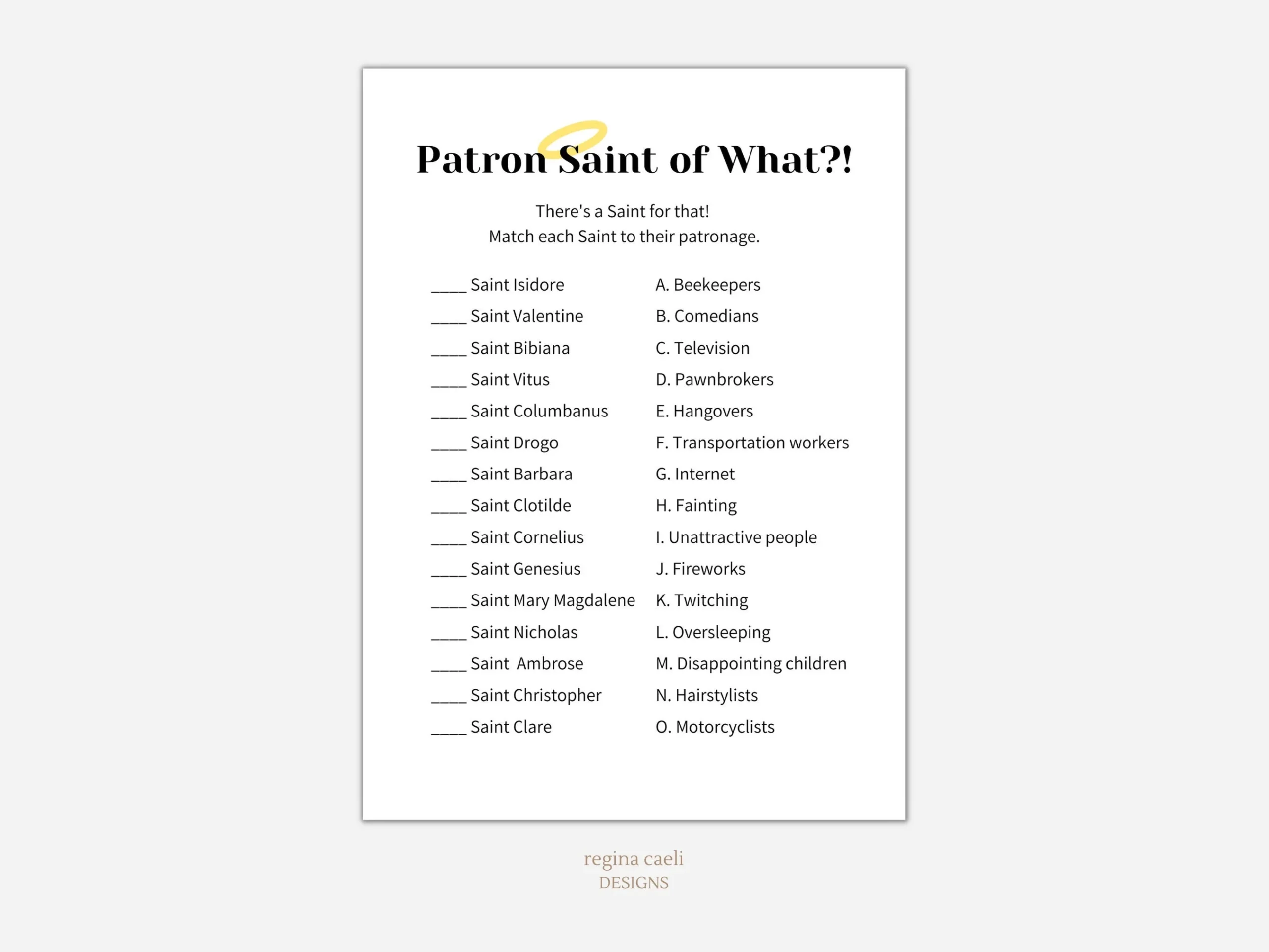 Patron Saint Of What Printable Game All Saints Day Game All Saints Activity Saint Game Catholic Printable Catholic All Saints Day Etsy