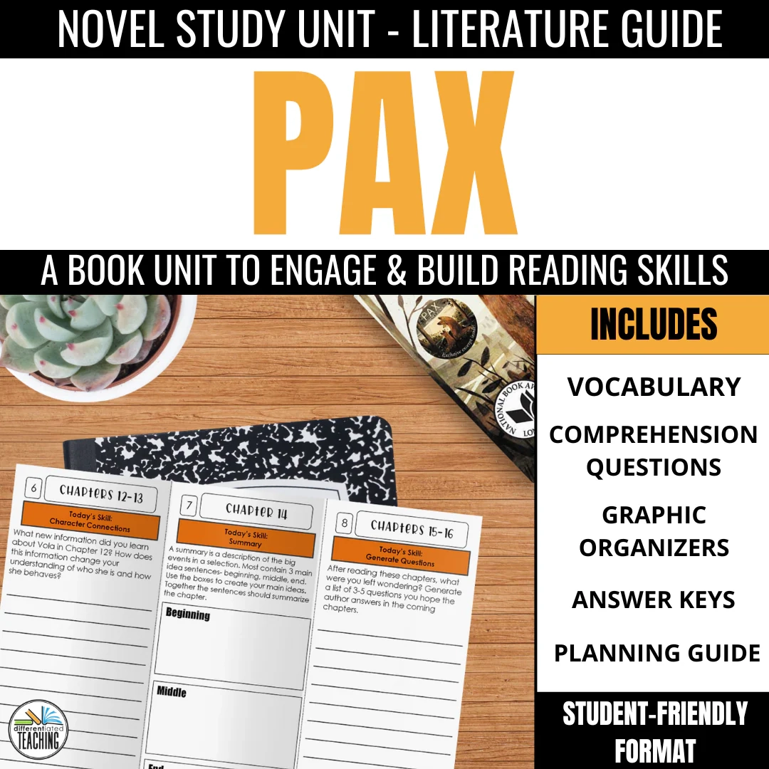 Pax Novel Study Comprehension Vocabulary For Sara Pennypacker s Boo Differentiated Teaching With Rebecca Davies