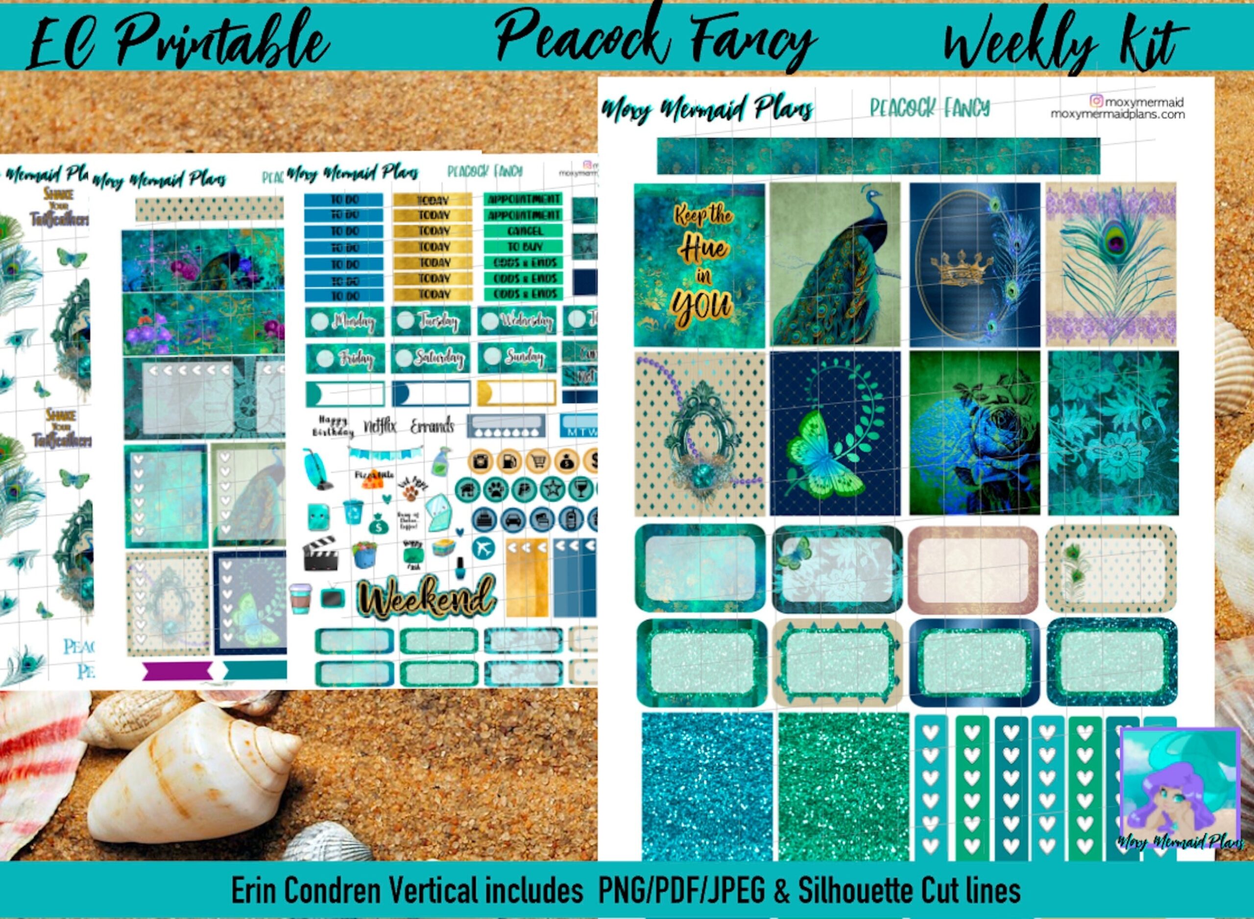 Peacock Fancy PRINTABLE Planner Stickers Weekly Sticker Kit Erin Condren Teal Cut Files PNG PDF Silhouette cricut Vintage Feather Etsy