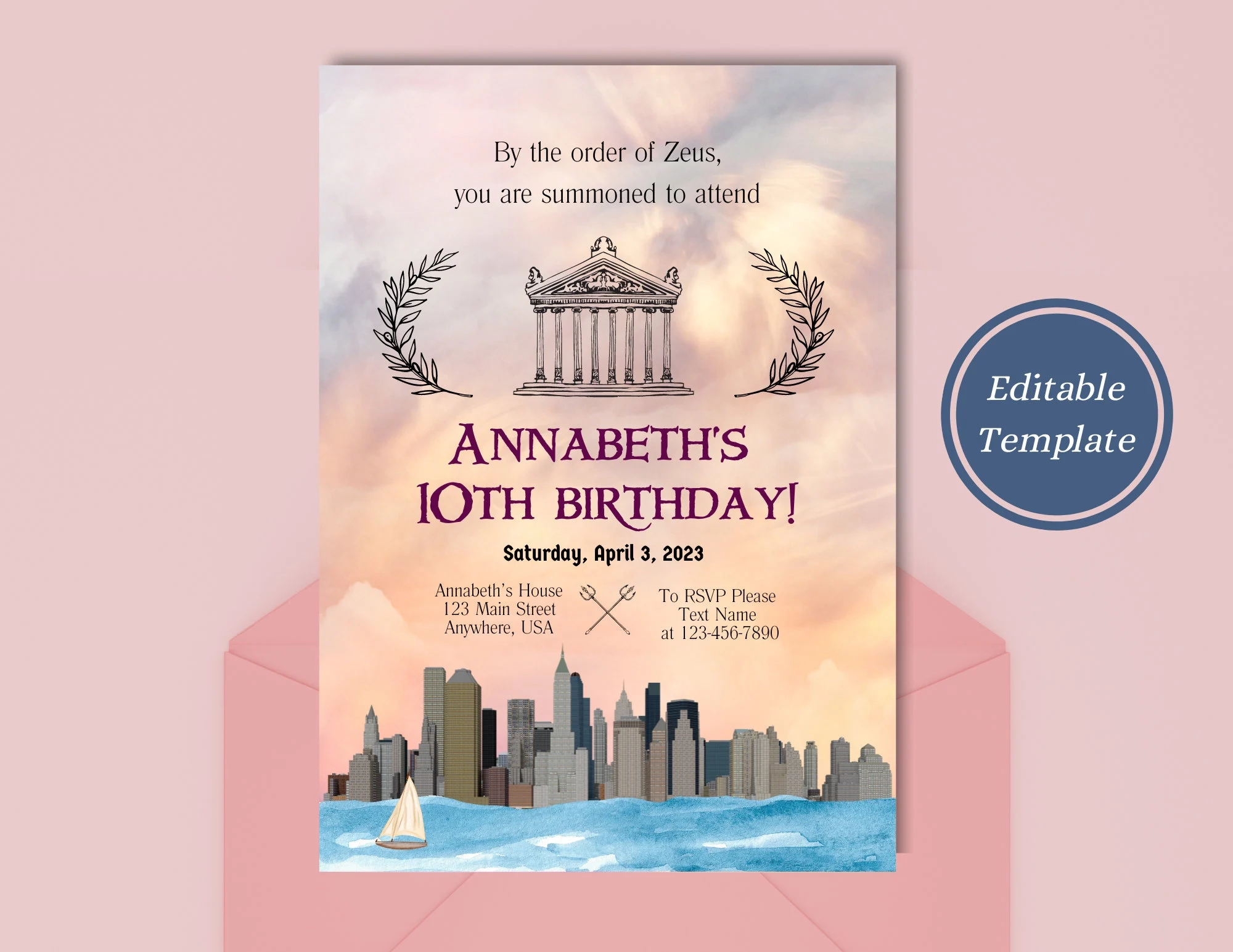Percy Jackson Birthday Invitation Template Girl Design Watercolors Greek Mythology Invite Party Decor Camp Halfblood Party Greek Gods Etsy