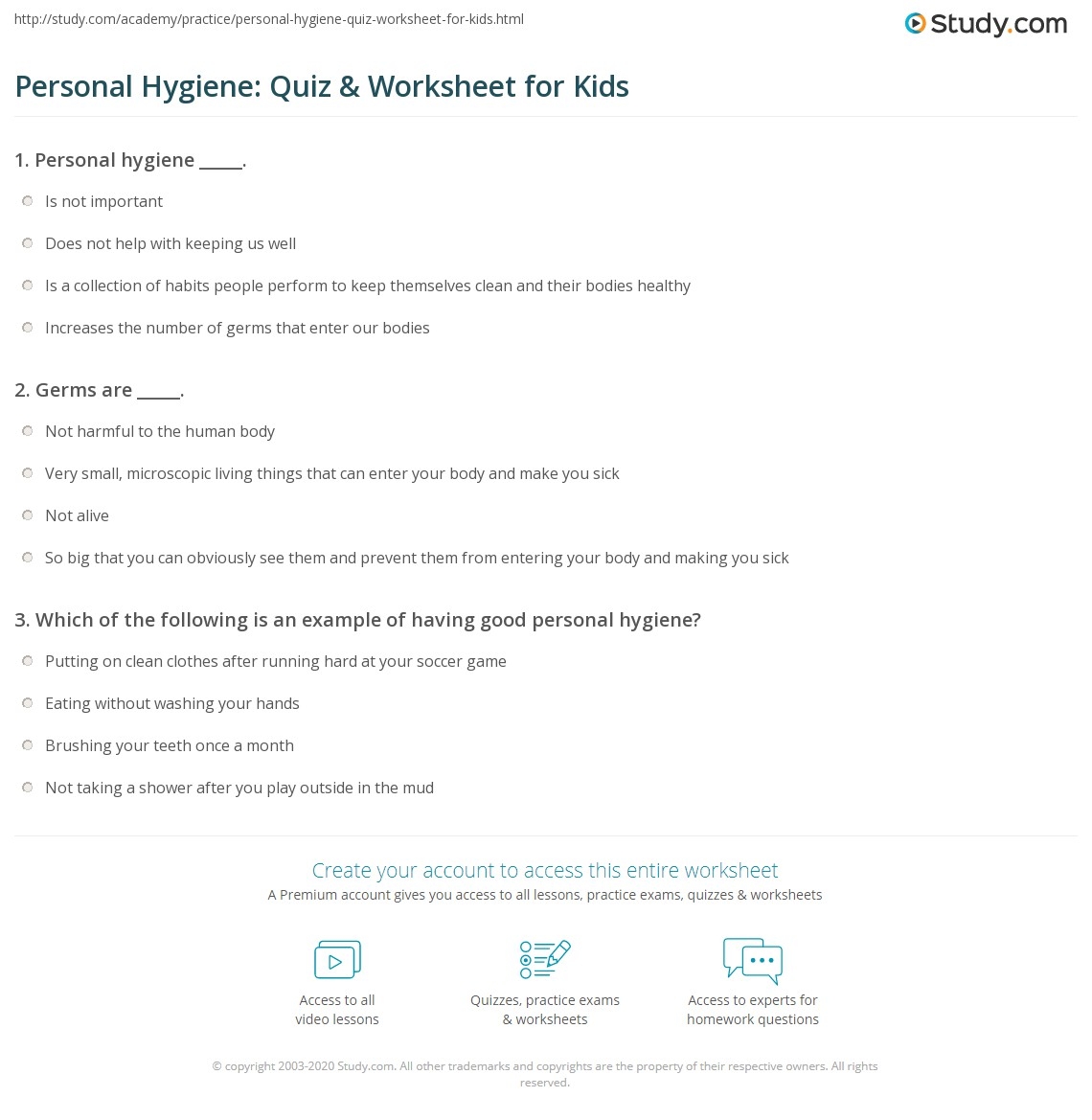 Personal Hygiene Quiz Worksheet For Kids Study