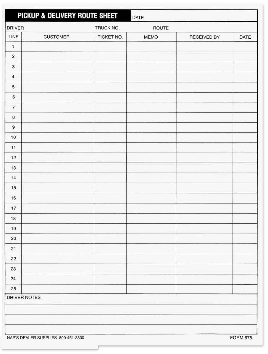 Pick Up And Delivery Route Sheets Napsupply Nap Supply