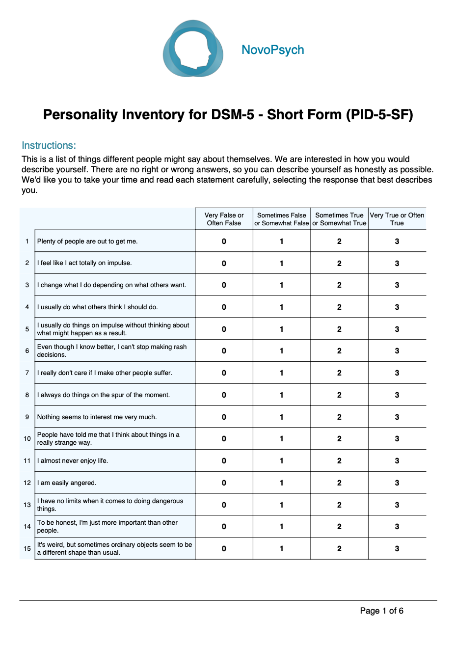 PID 5 SF Personality Inventory For DSM 5 Short Form