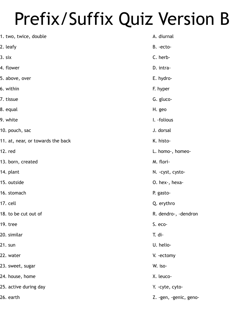 Prefix Suffix Quiz Version B Worksheet WordMint Prefix Suffix Quiz Version B Worksheet WordMint