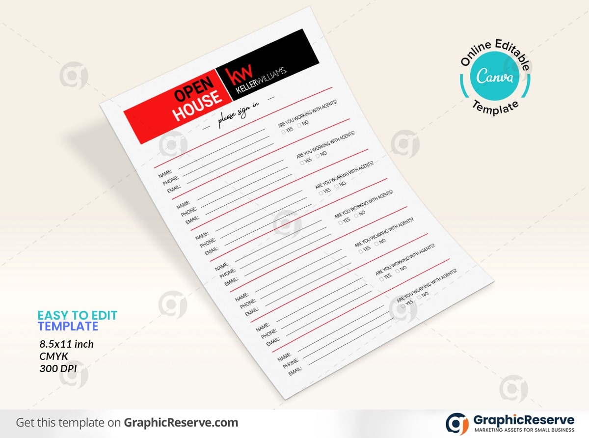 Premium KW Keller Williams Open House Sign in Sheet