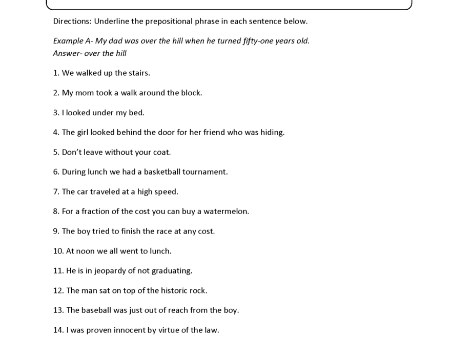 Prepositional Phrases Worksheets Identifying Prepositional Phrases Worksheet
