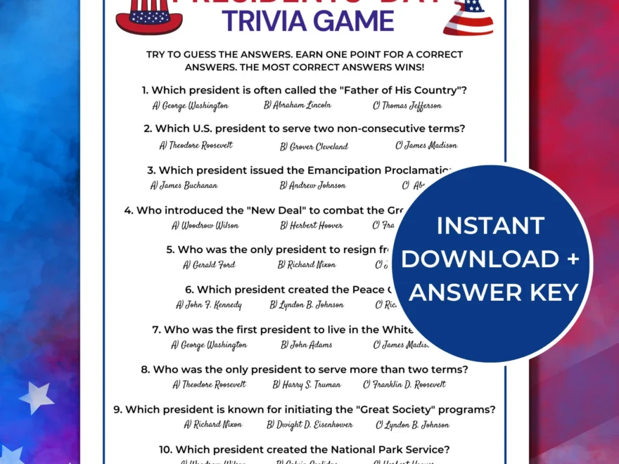 Presidents Day Trivia Game Printable Presidents Day Games US Presidents Questions And Answers Etsy