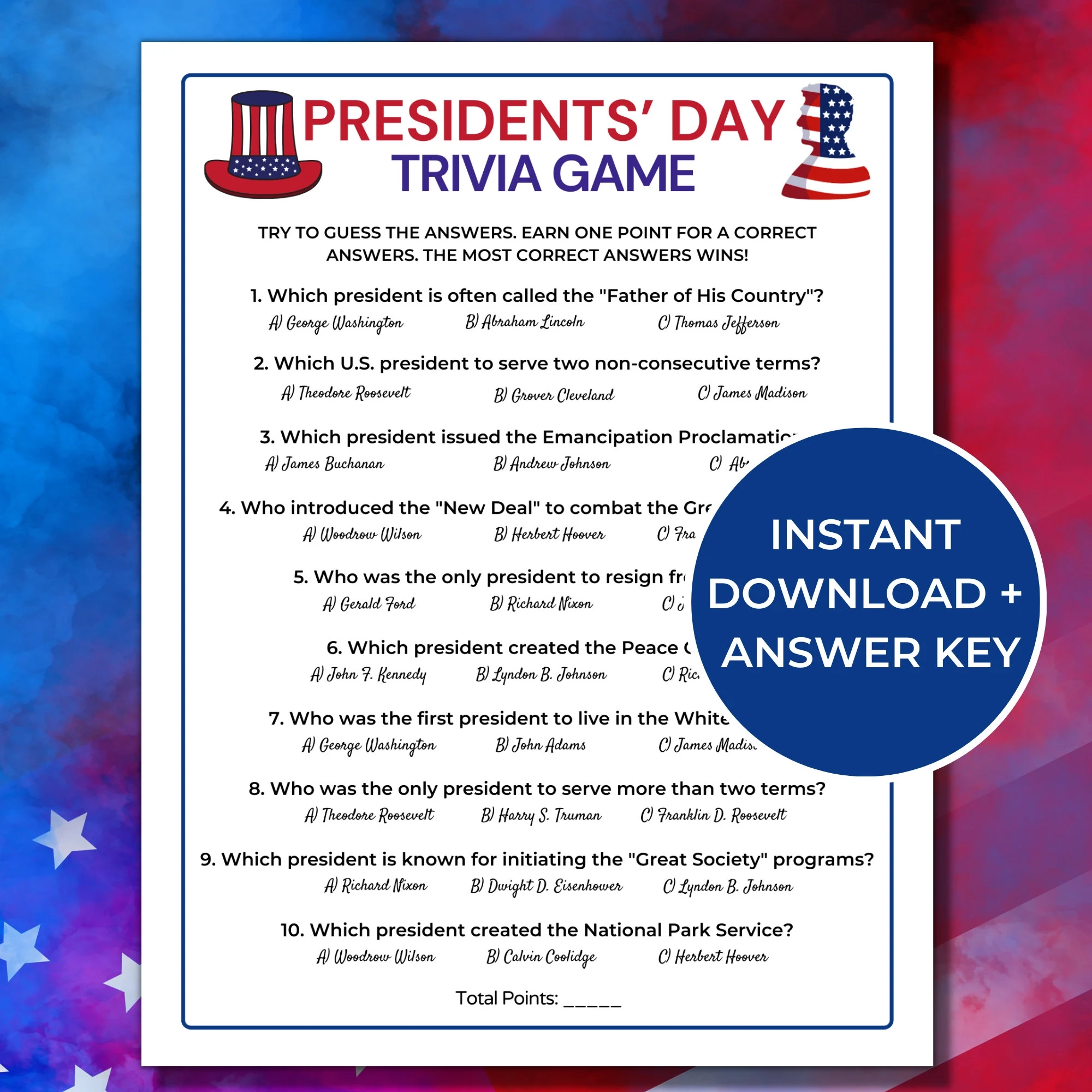 Presidents Day Trivia Game Printable Presidents Day Games US Presidents Questions And Answers Etsy