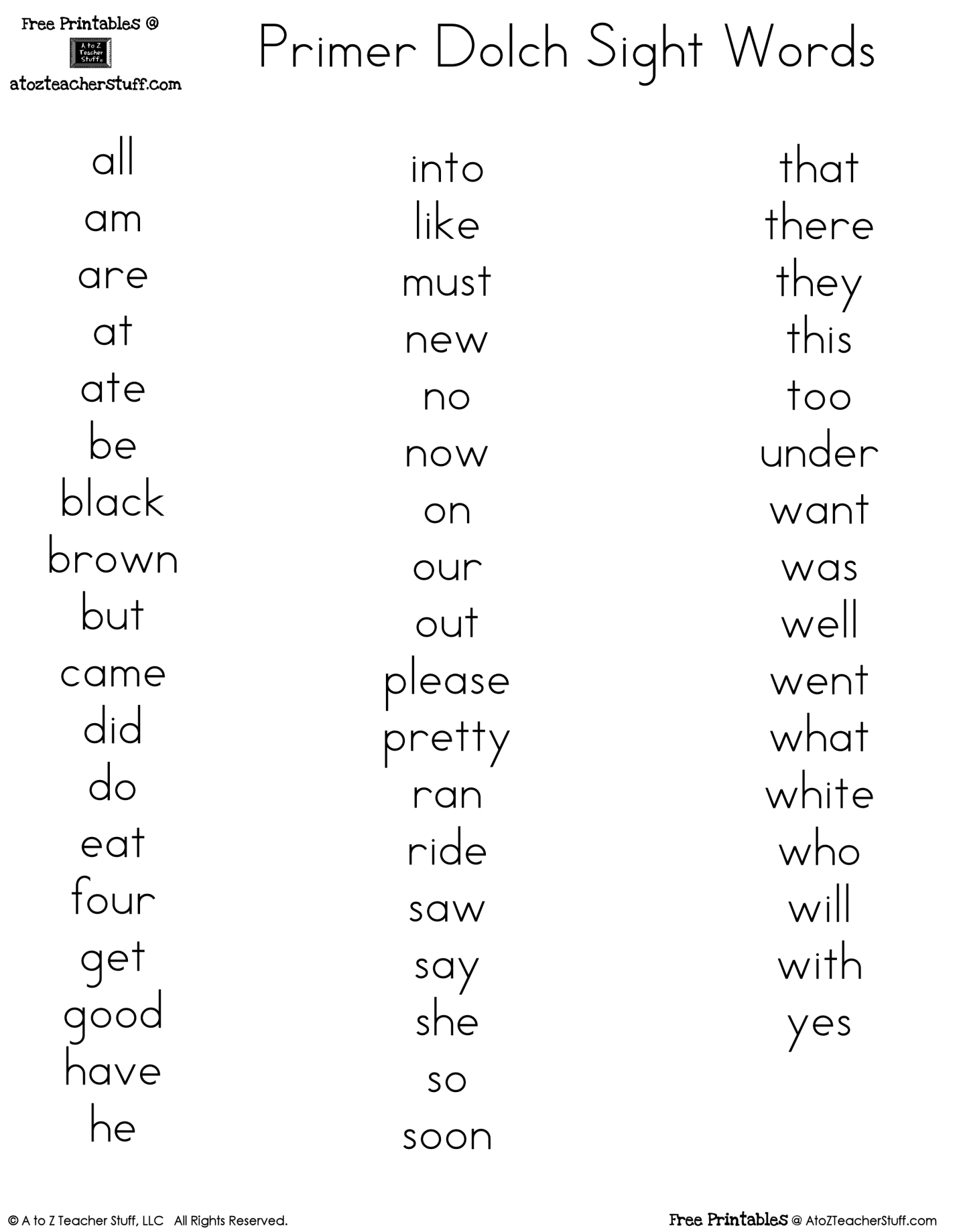 Pre-K Sight Words List Printable