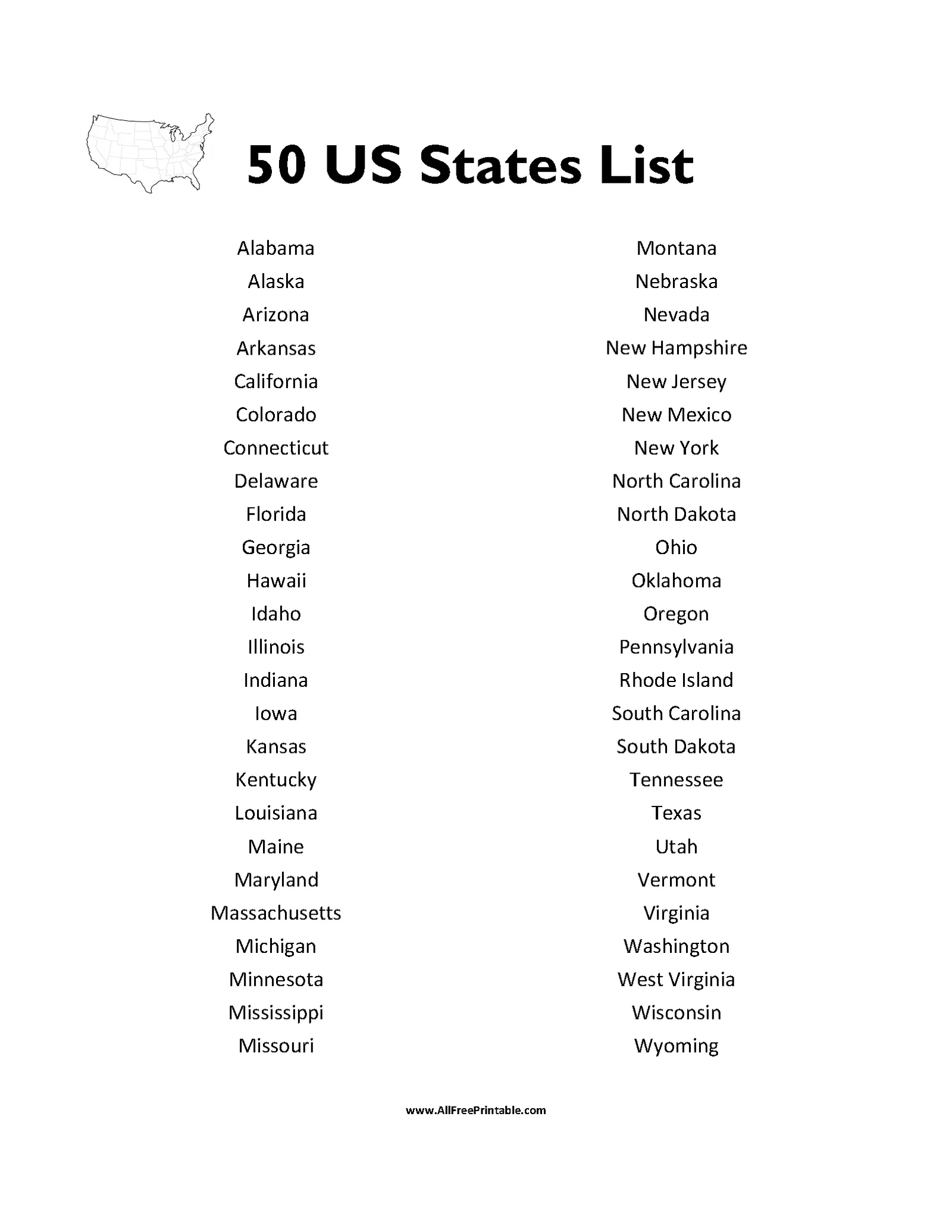 The 50 States Listed Printable