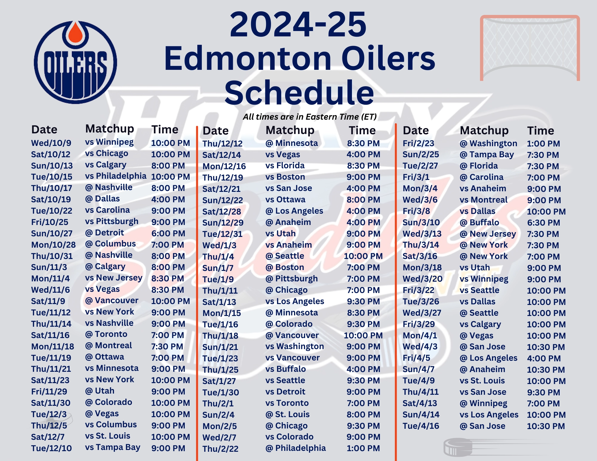 Printable 2024 25 Edmonton Oilers Schedule Matchups And TV Broadcasts Hockey Schedules