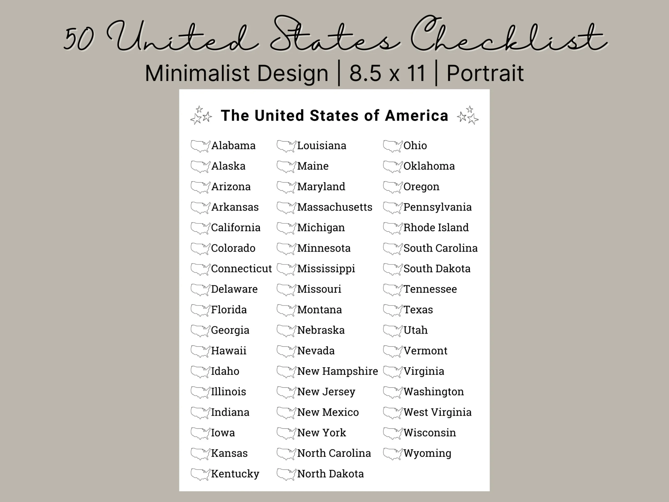 Printable 50 States Checklist Bucket List 50 States Challenge 50 United States Travel Checklist US States Checklist Etsy