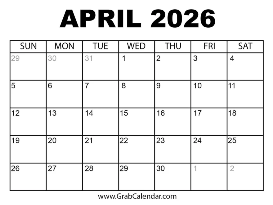 Printable April 2026 Calendar