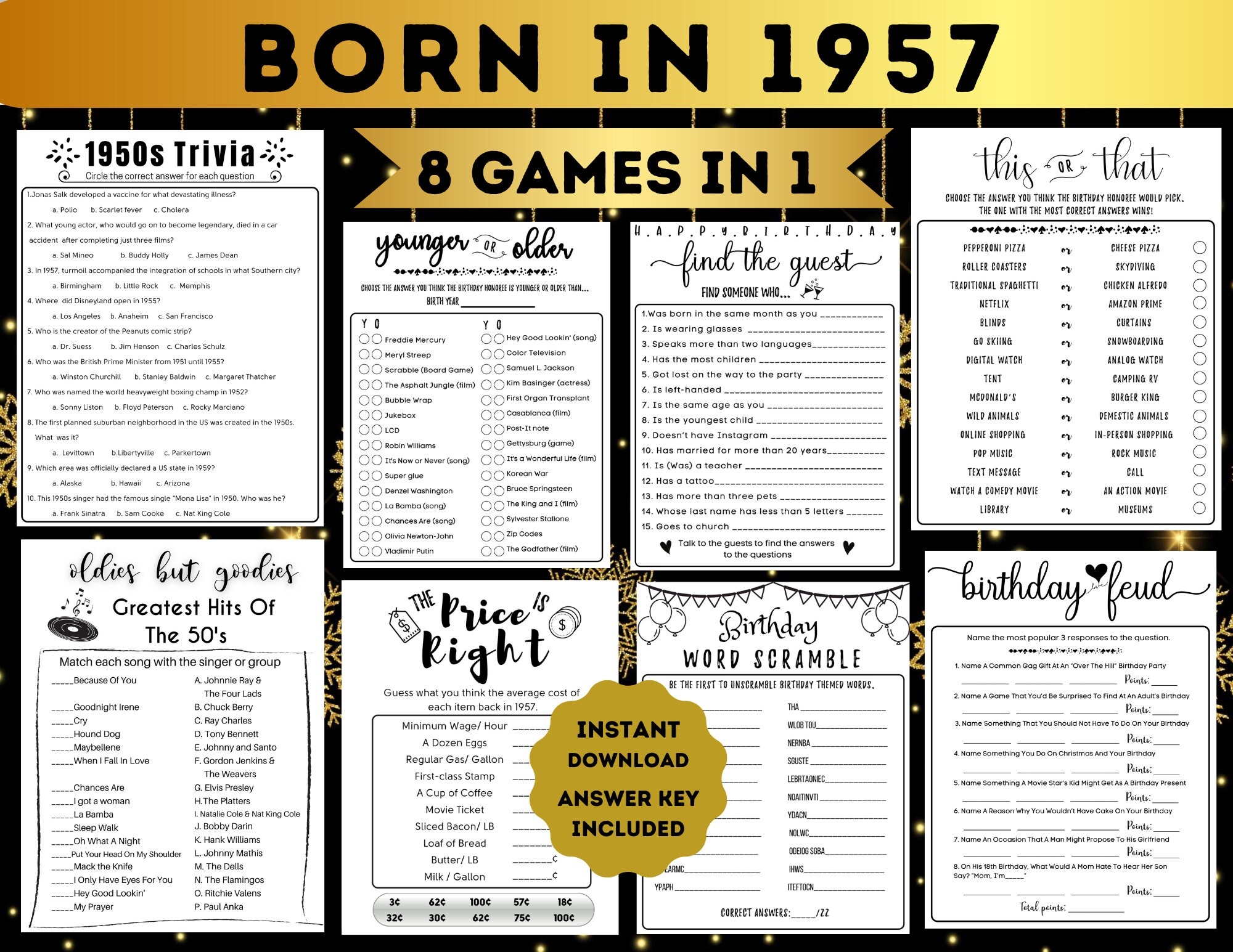 Printable Born In 1957 Birthday Games Bundle 68th Birthday Party Games 1957 Trivia Fun DIGITAL Minimalist Party Game For Her Him Men Women Etsy