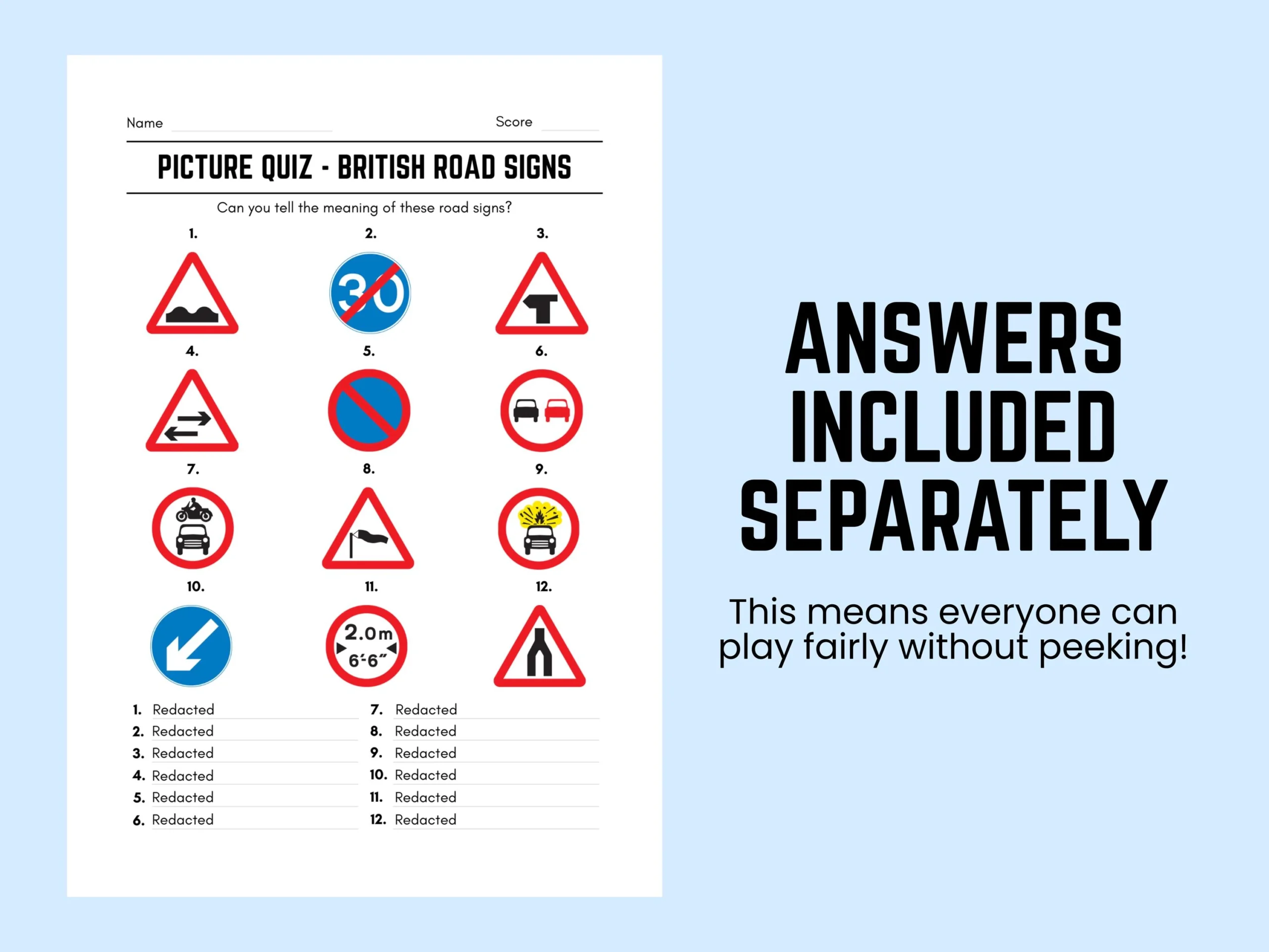 Printable British Road Signs Picture Quiz With Answers Picture Round Quiz Sheets Pub Quiz Trivia Downloadable Table Quiz Driving Quiz Etsy UK