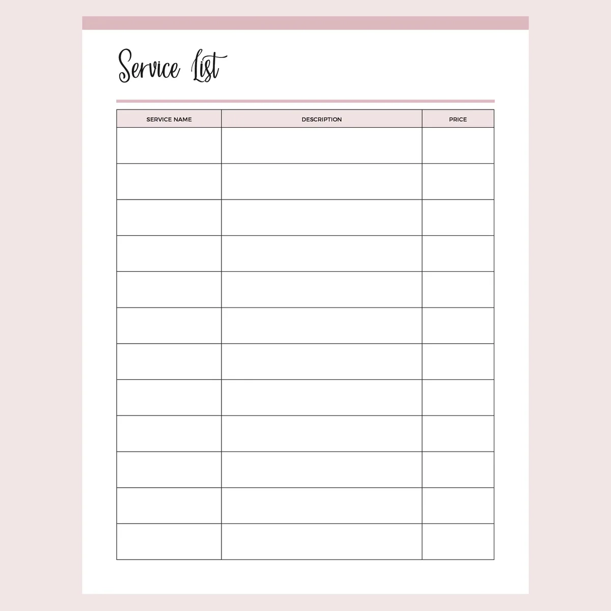 Printable Business Service Price List Instant Download PDF A4 And US Letter Plan Print Land