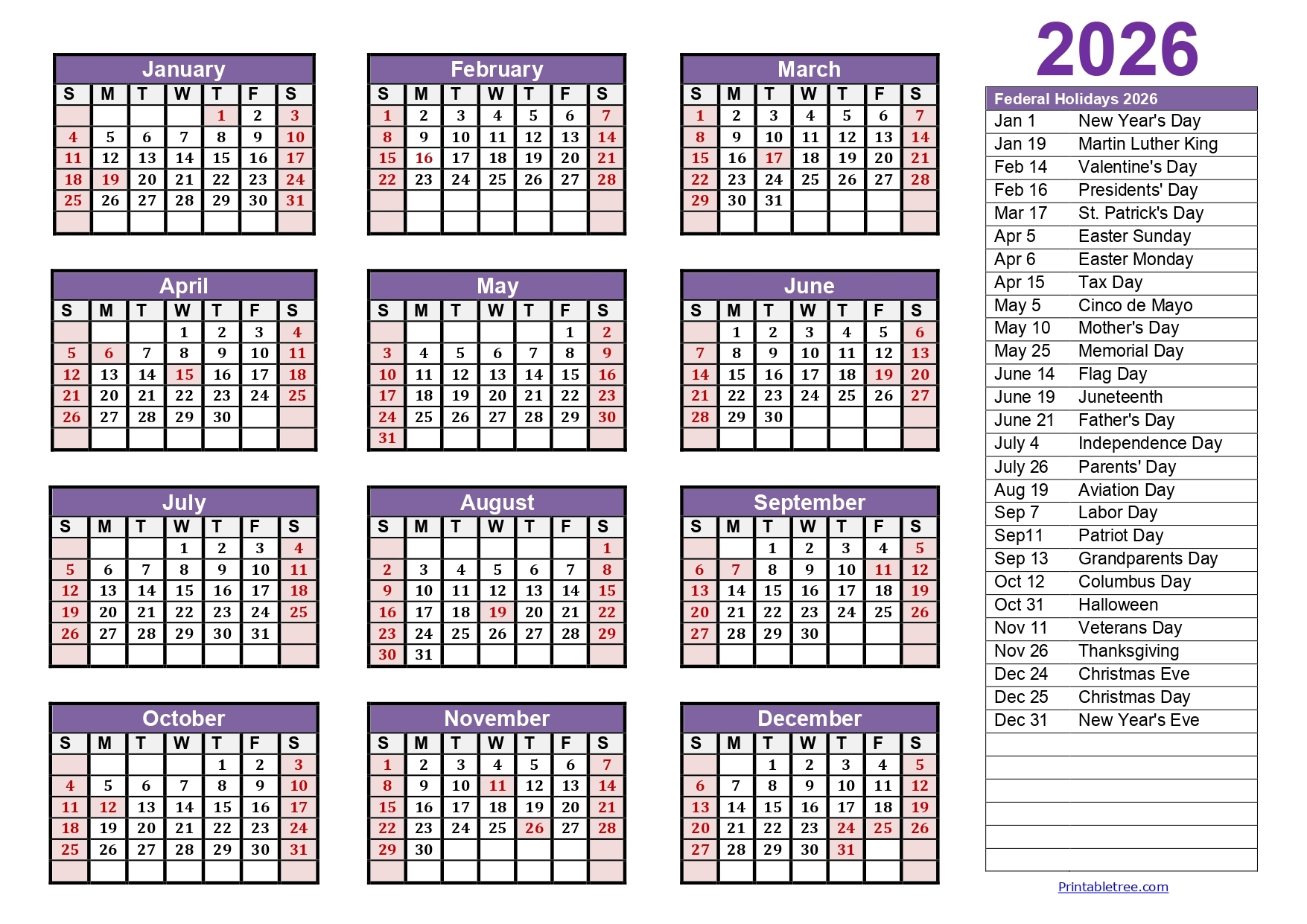 2026 Holiday Planner Printable
