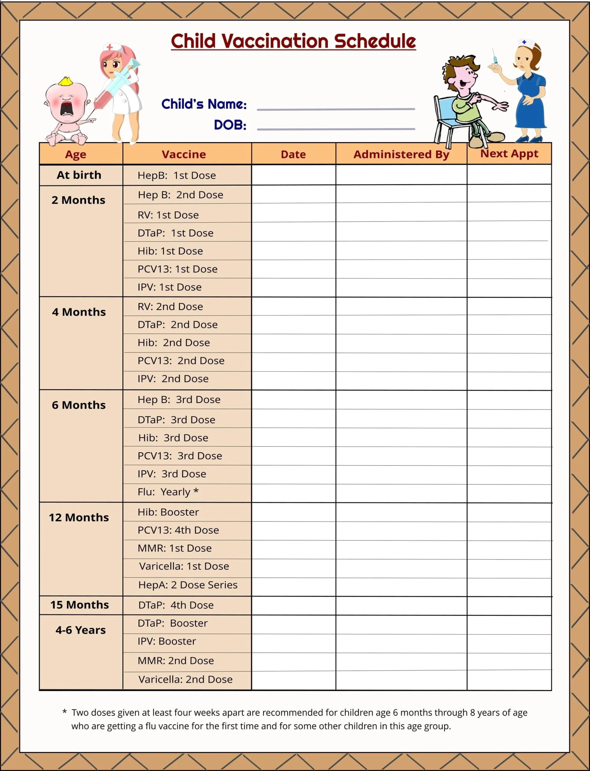 Printable Child Vaccination Schedule Immunization Record Vaccination Chart Instant Download PDF Etsy