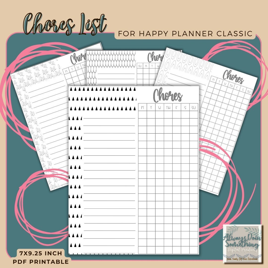 Printable Chores List Insert Happy Planner Classic 4 Designs Monday Or Sunday Start Weekly Checklist Etsy