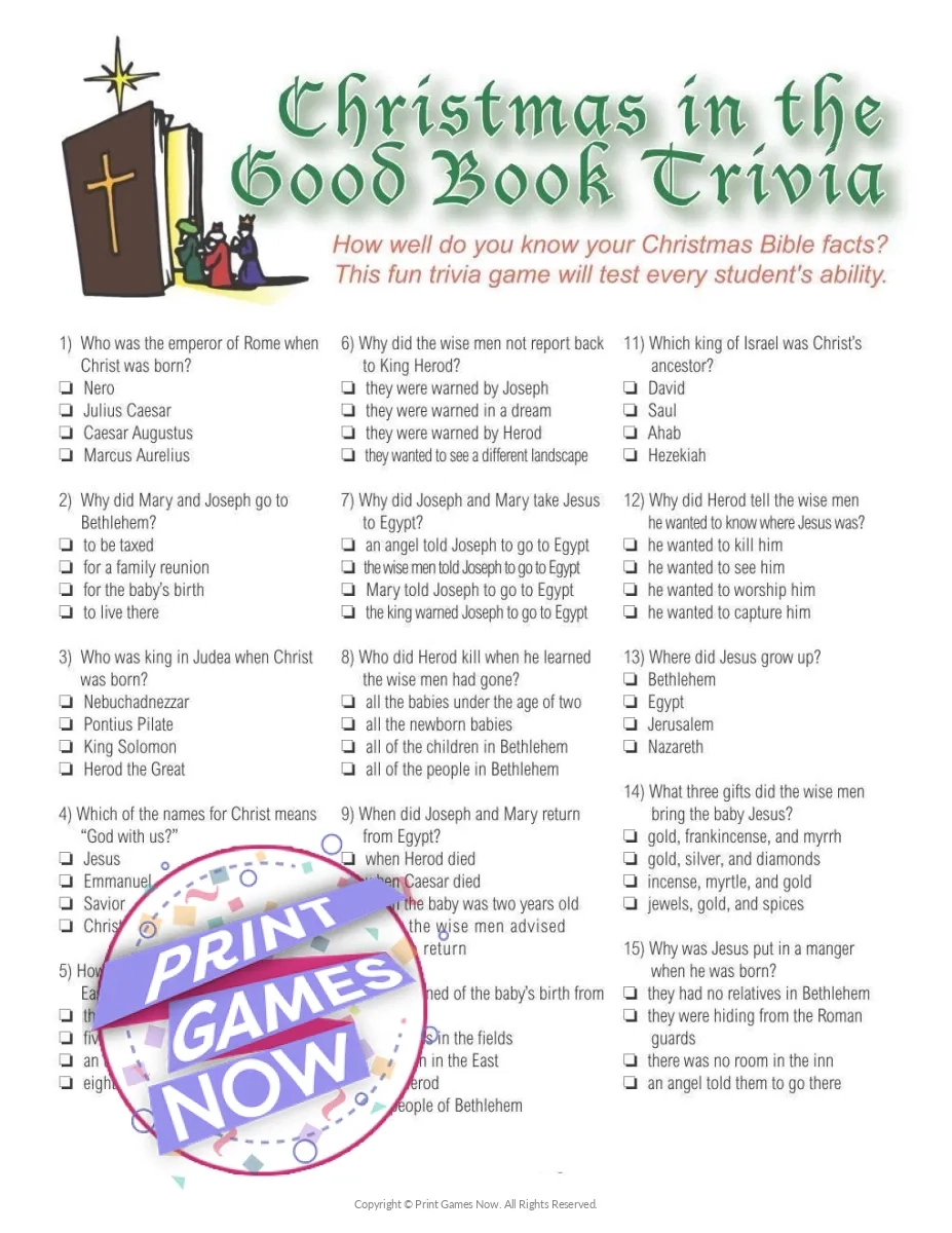 Bible Christmas Trivia Printable