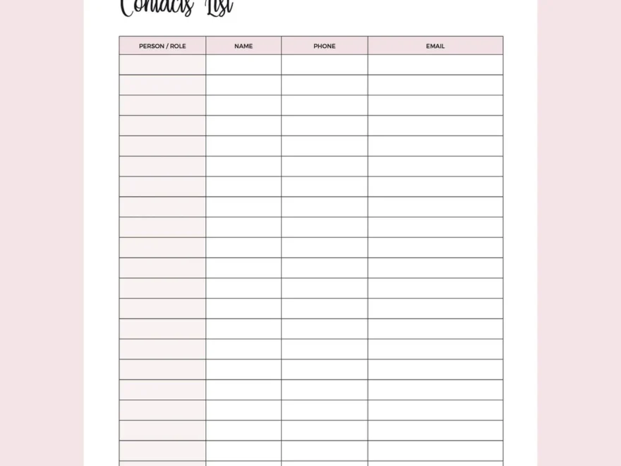 Printable Contact List Plan Print Land