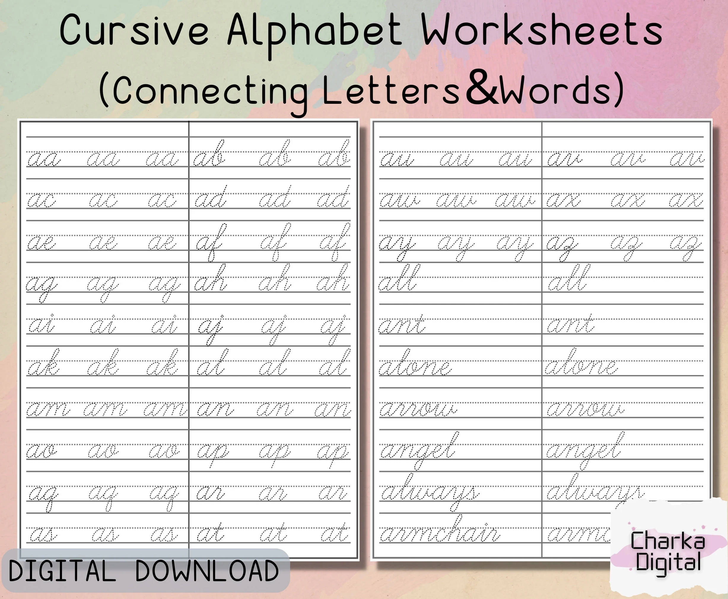 Printable Cursive Alphabet Worksheets Handwritting Practice Pages How To Connect Cursive Letters Cursive Writing Practice Etsy