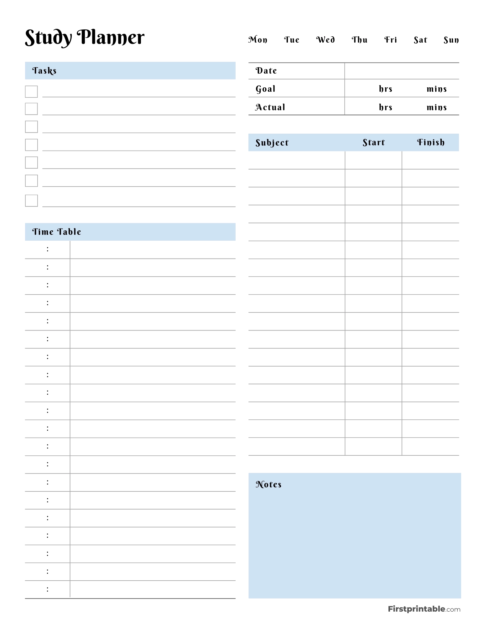 Printable Daily Study Planner Fillable PDF