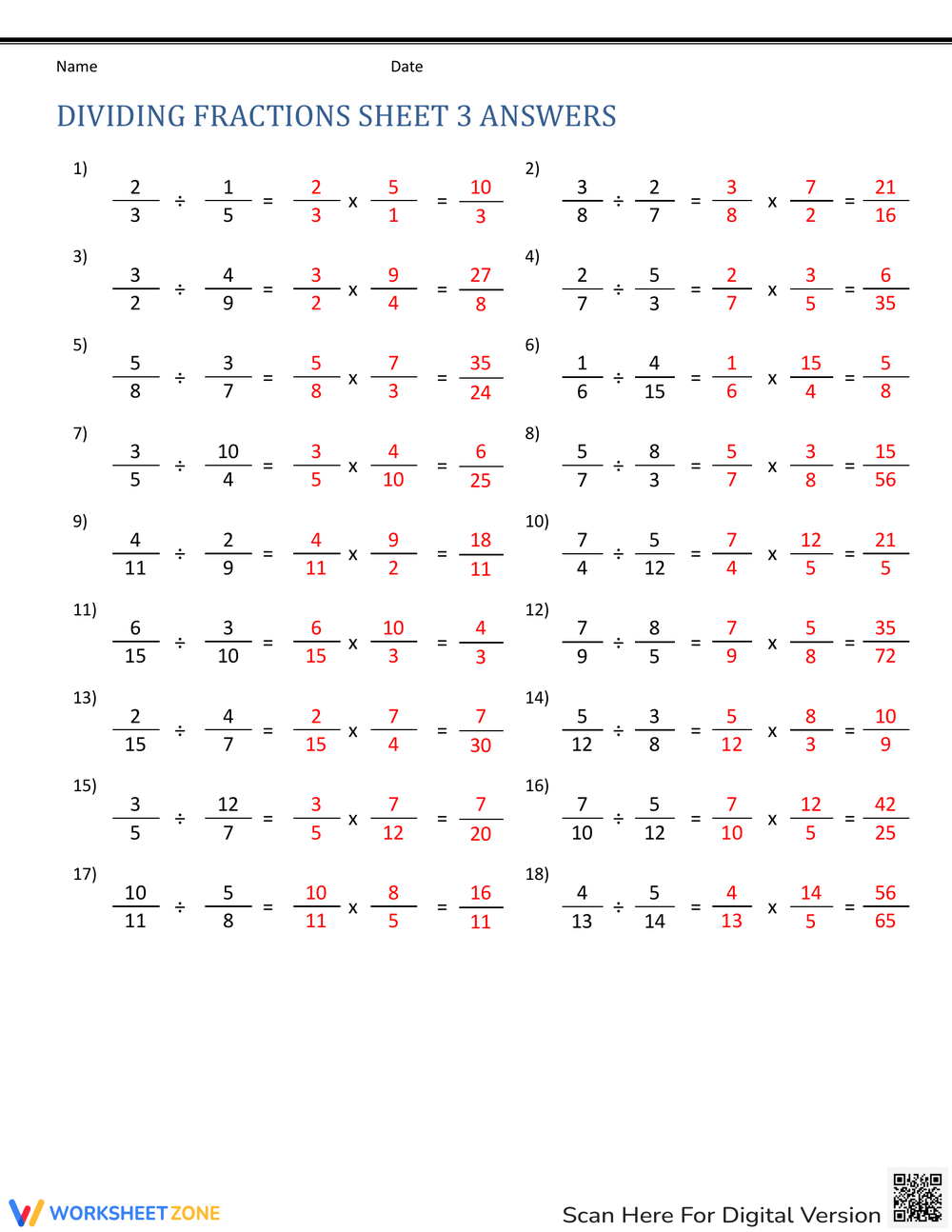 Printable Dividing Fractions Worksheets