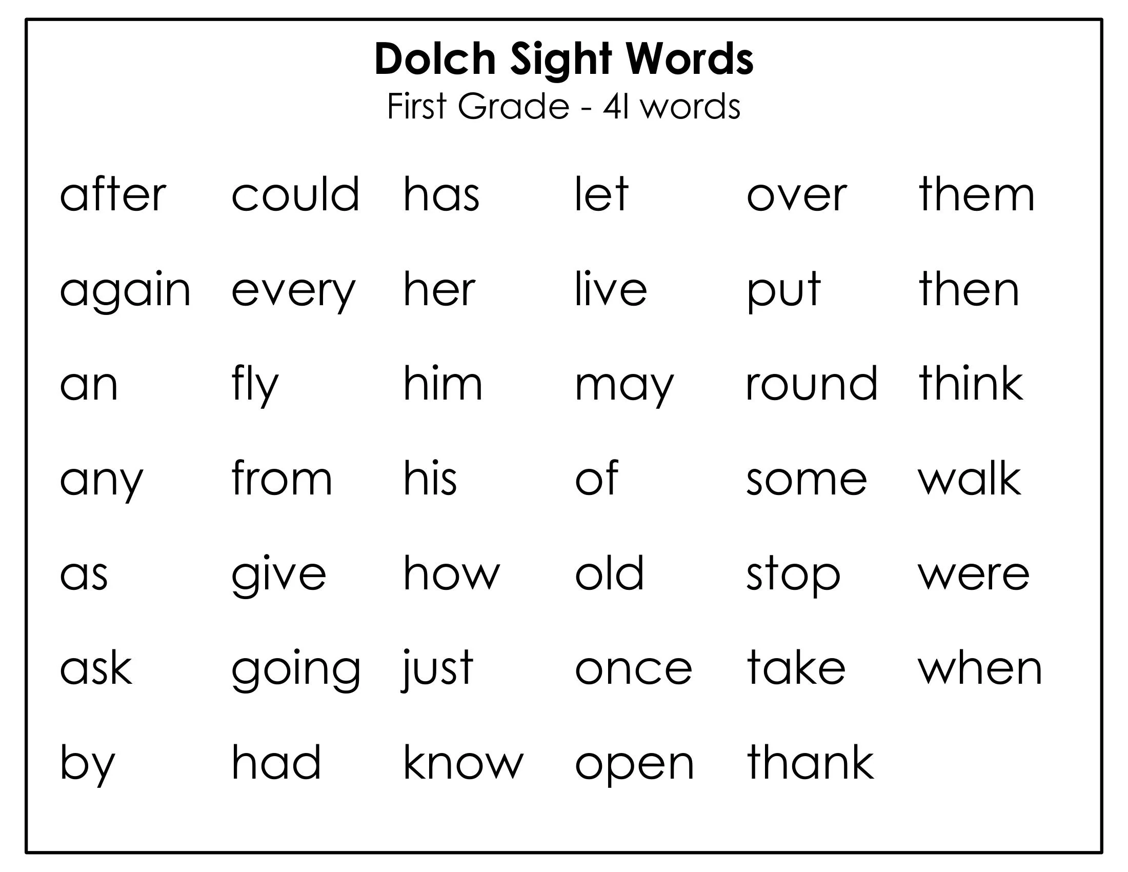 Printable Dolche Sight Word List