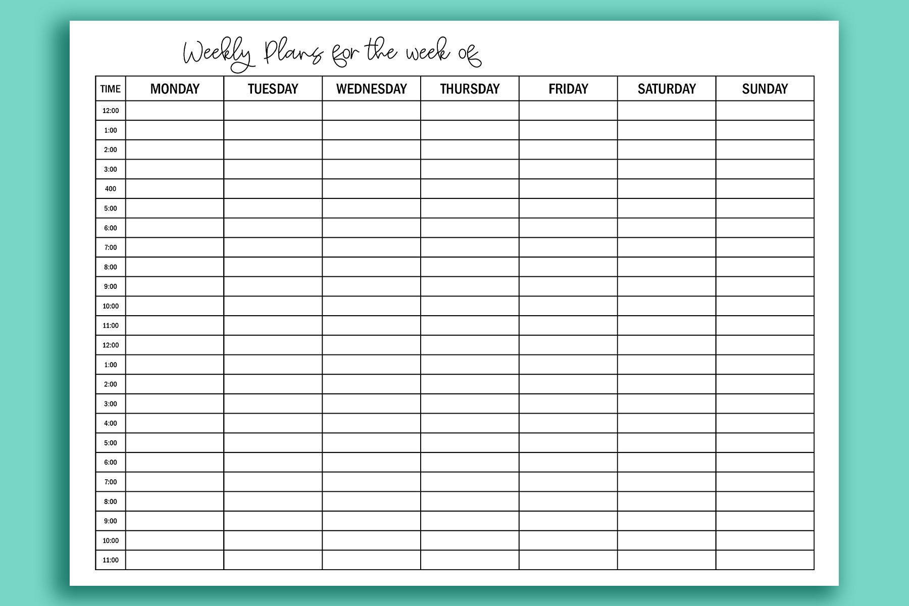 Printable Hourly Time Schedule