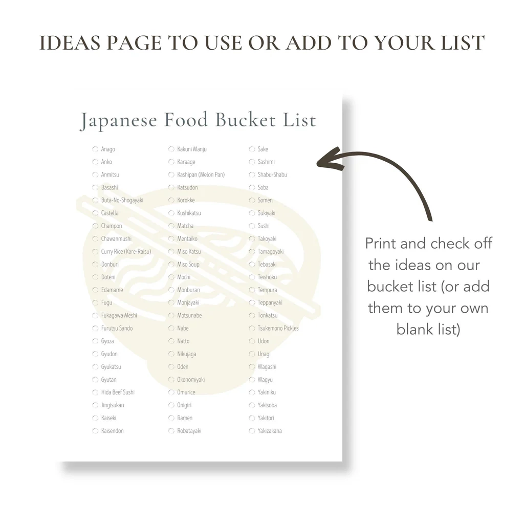 Printable Japanese Food Bucket List Blank Template Included Buck Co 