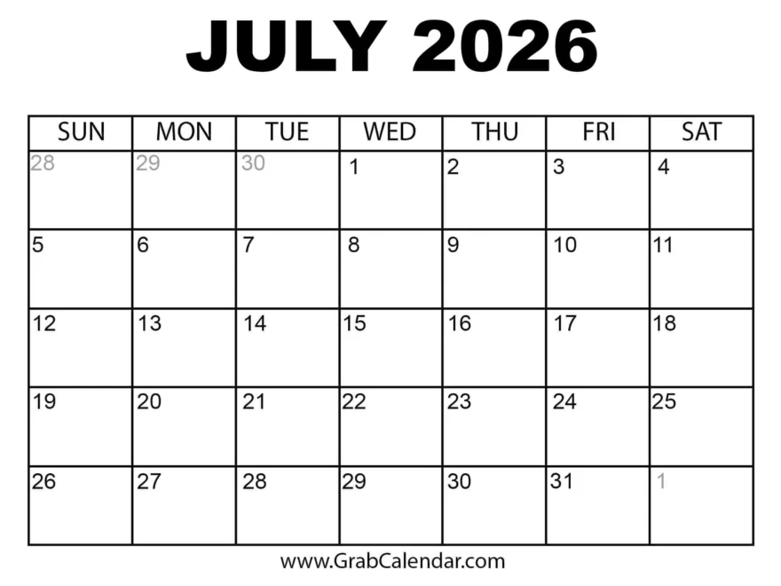 Printable July 2026 Calendar