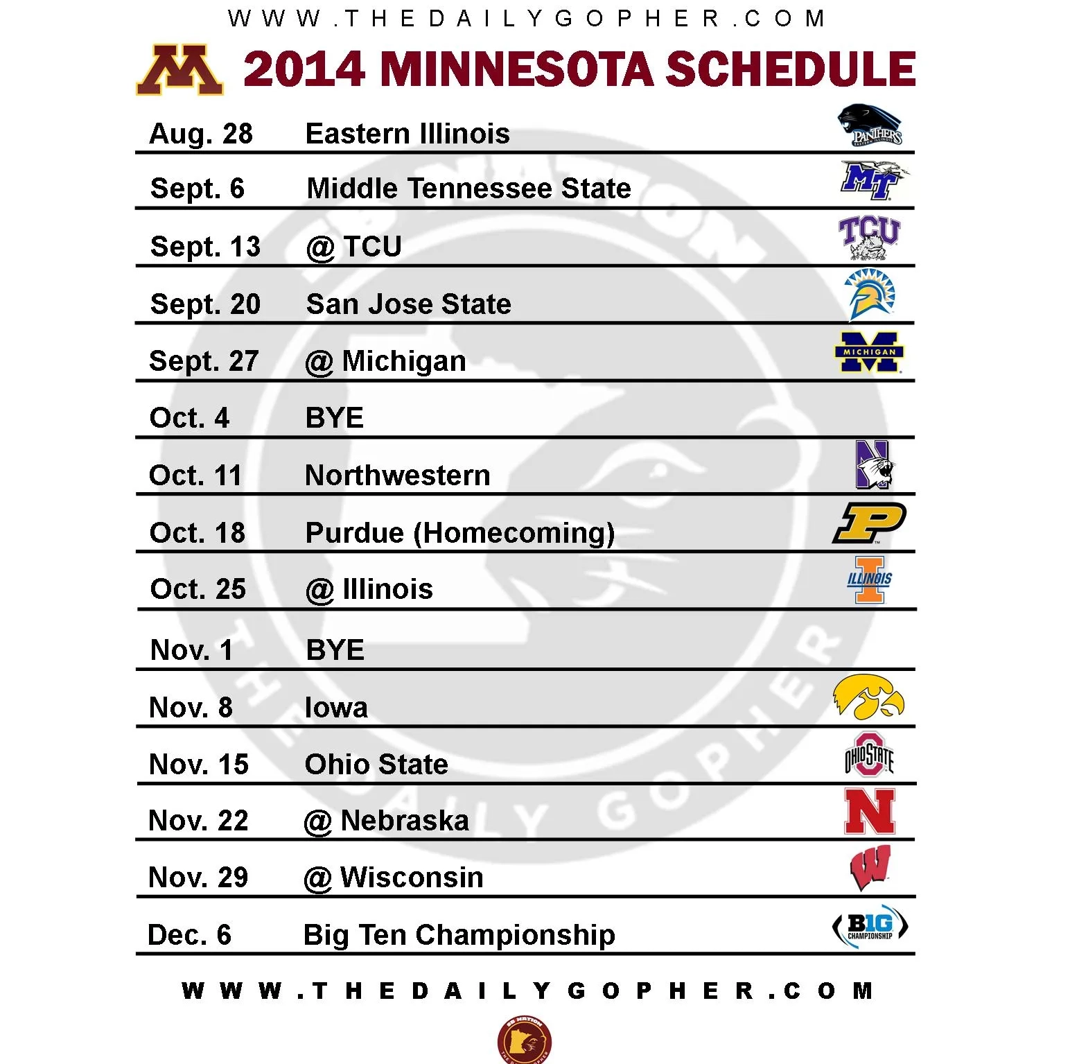 Printable Minnesota Gophers Football Schedule 2014 The Daily Gopher