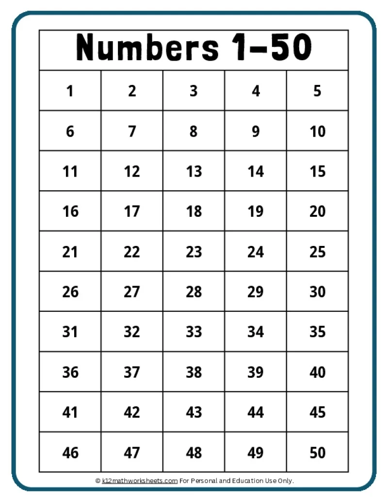 Printable Numbers 1 To 50 Chart
