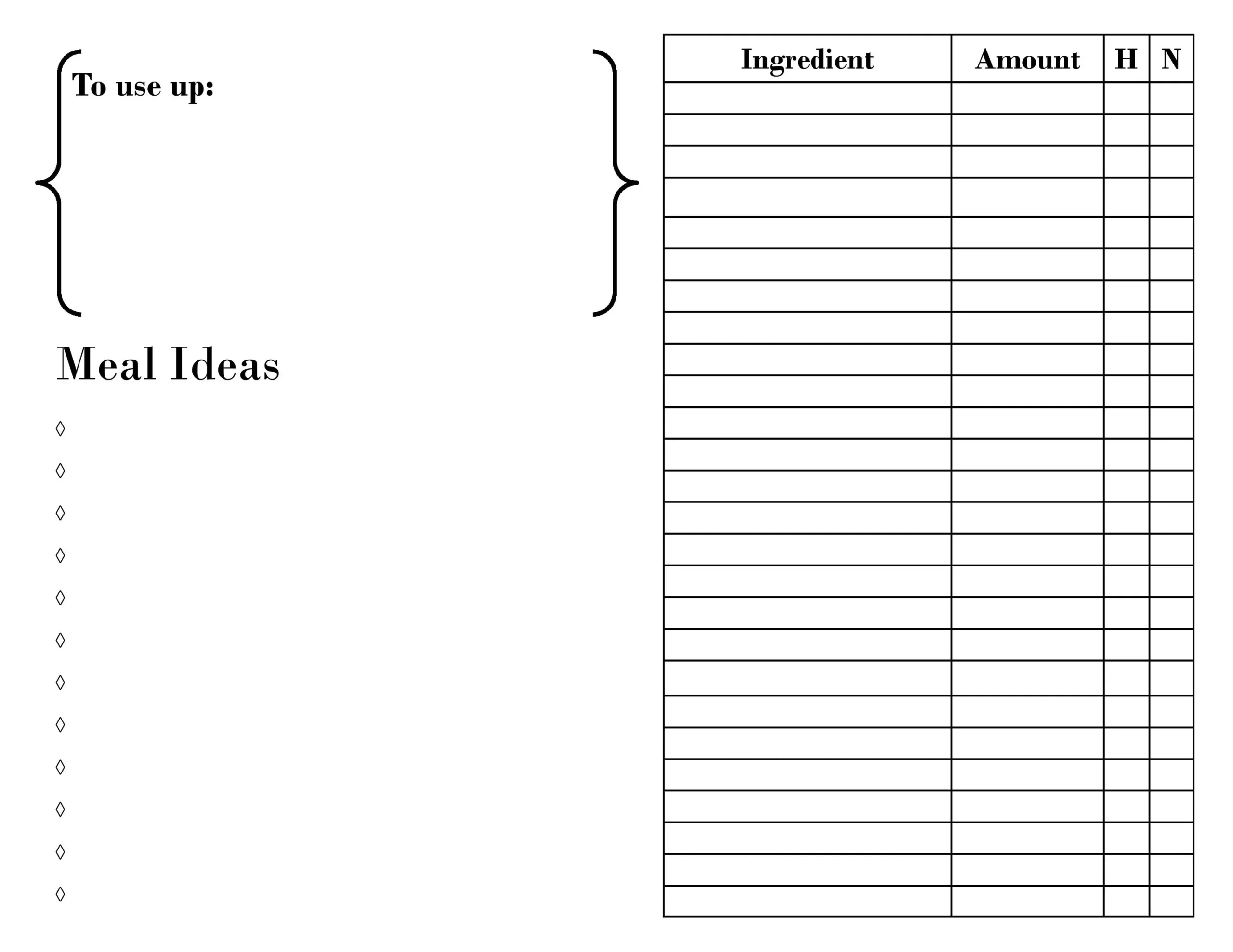 Printable PDF Brainstorm Meal Ideas And Ingredients To Create Grocery List And Weekly Mean Plan Etsy