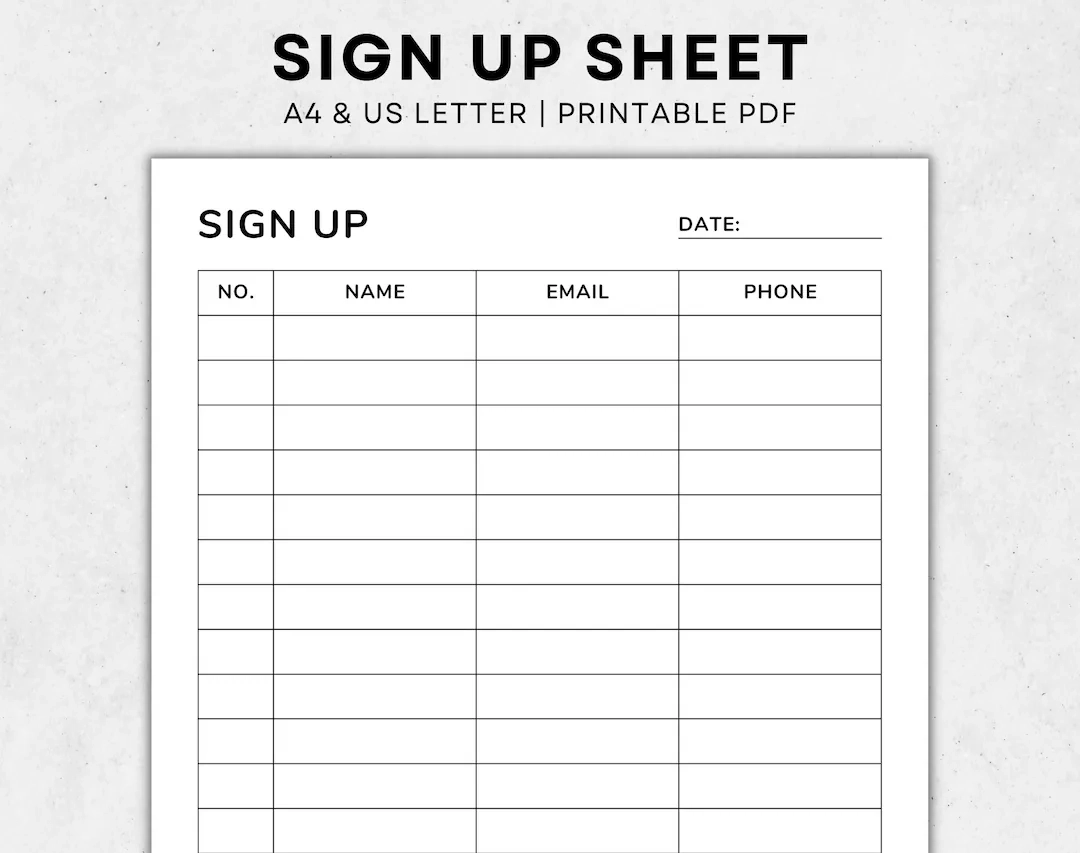 Printable PDF Sign up Sheet Template Event Sign Up Customer Sign Up Volunteer Sign Up Club Sign Up Email Sign Up A4 Letter Etsy