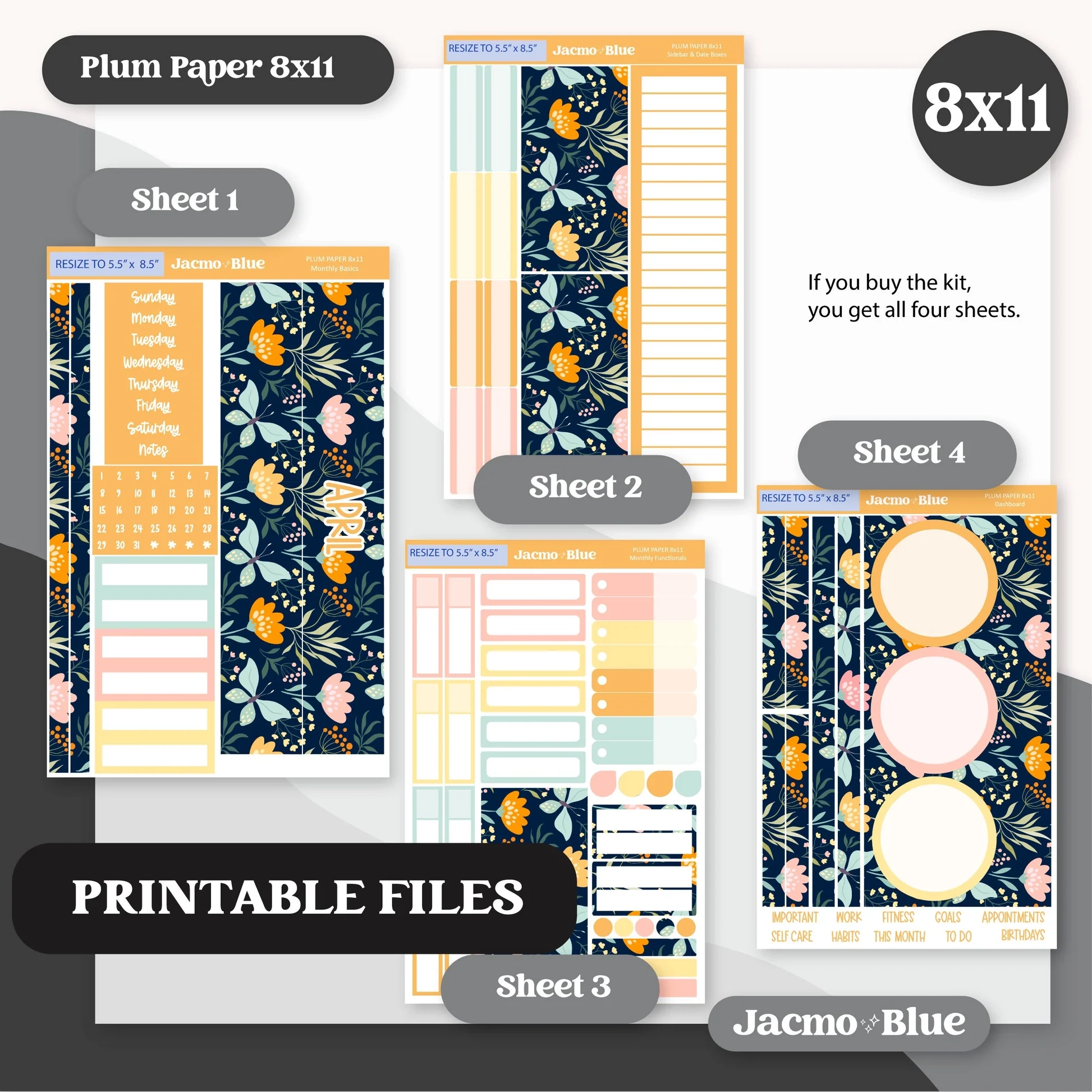 PRINTABLE Plum Paper Planner Monthly Stickers Spring 8x11 7x9 A5 Print JacmoBlue