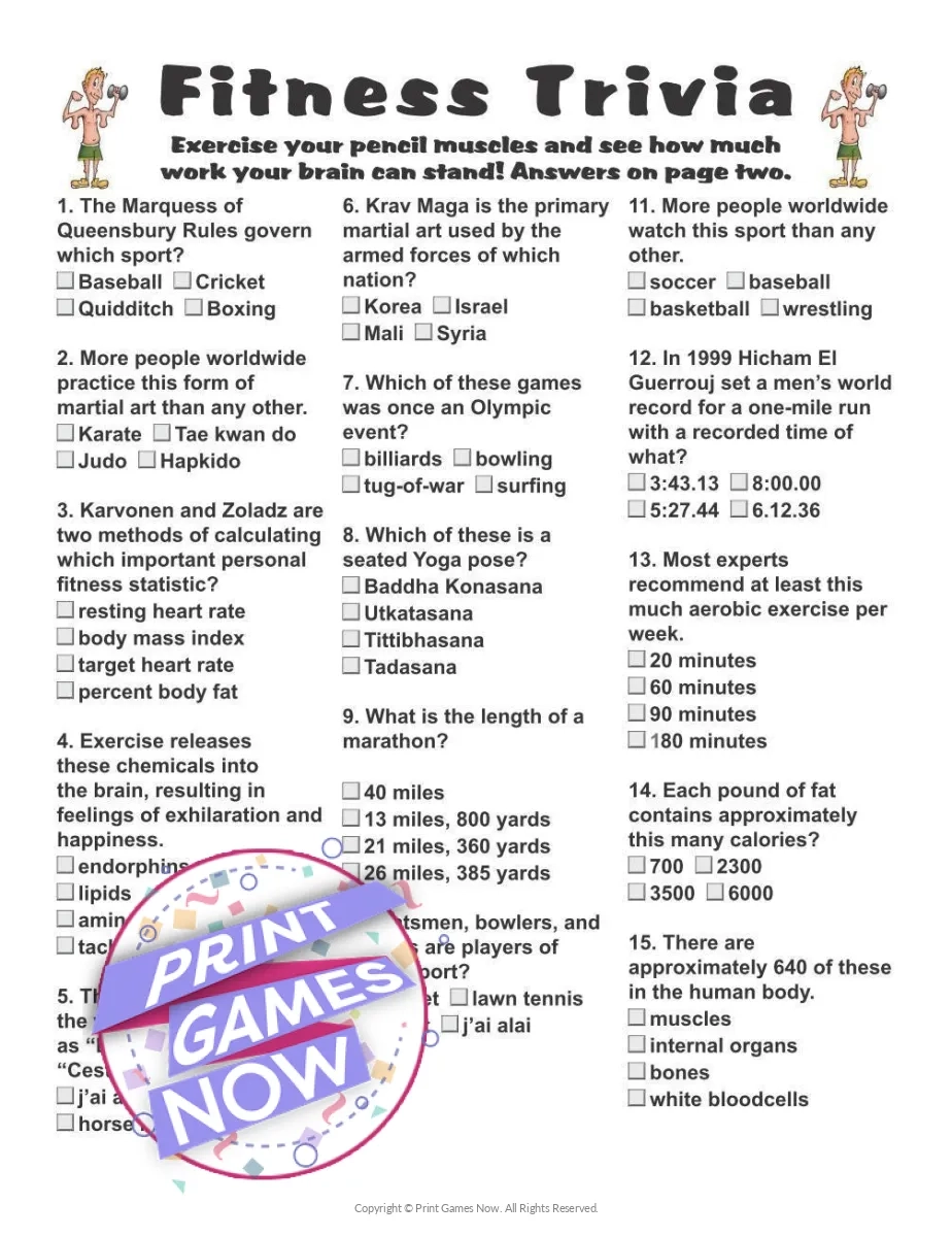 Printable Pop Culture Fitness Trivia Party Game Print Games Now