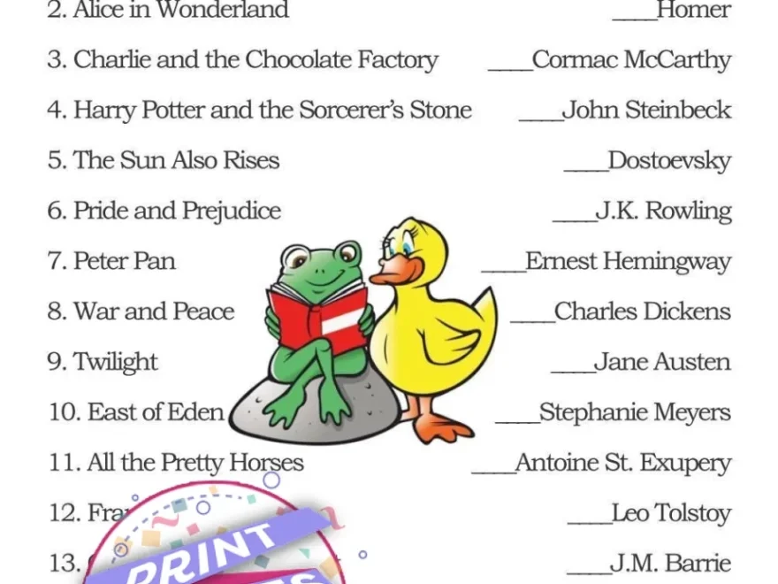 Printable Pop Culture Literature Trivia Party Game Print Games Now