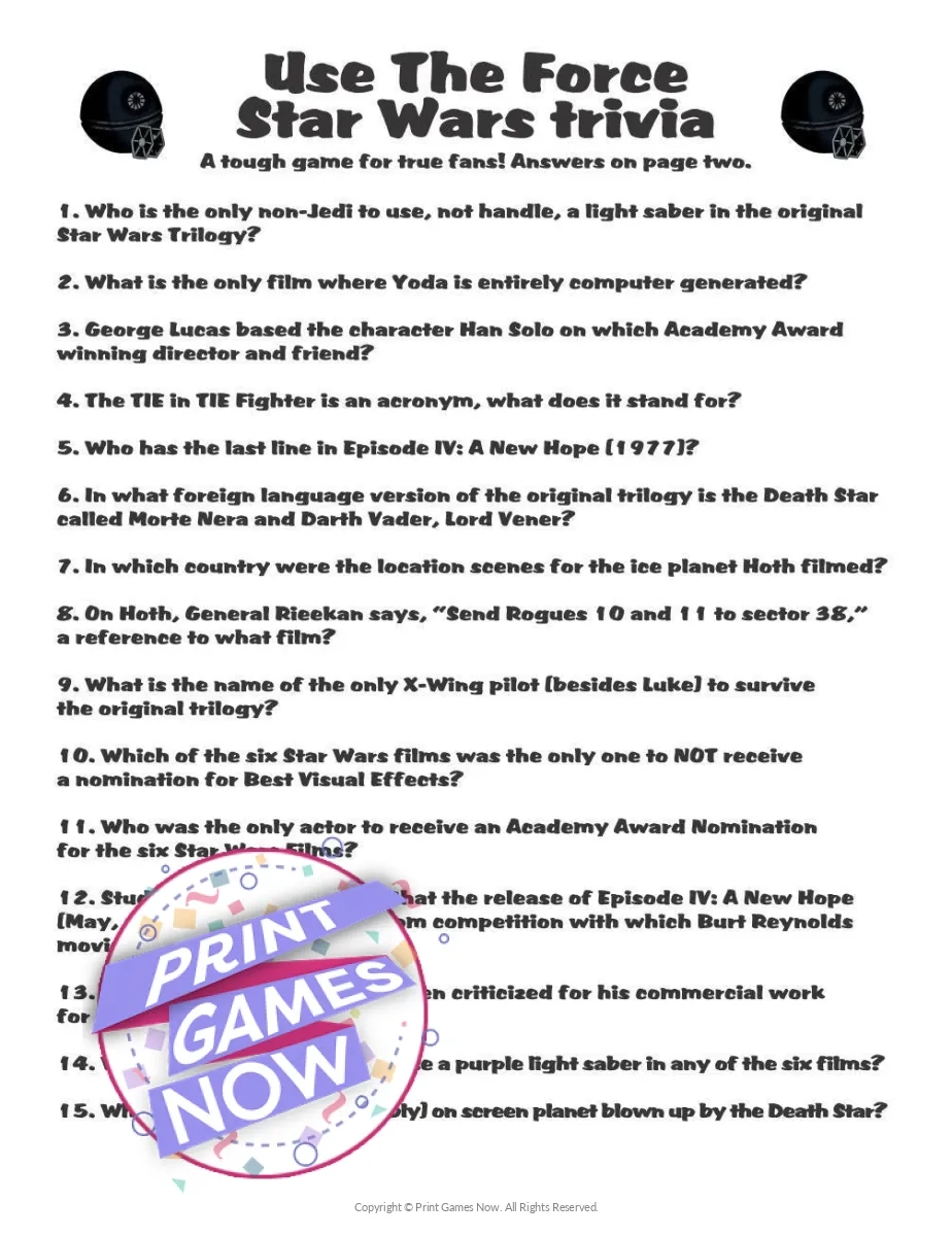 Printable Pop Culture Star Wars Use The Force Trivia Party Game Print Games Now