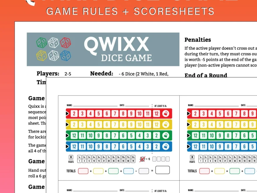 Printable QUIXX Dice Game Rules Scoresheet Instant Download Files Etsy