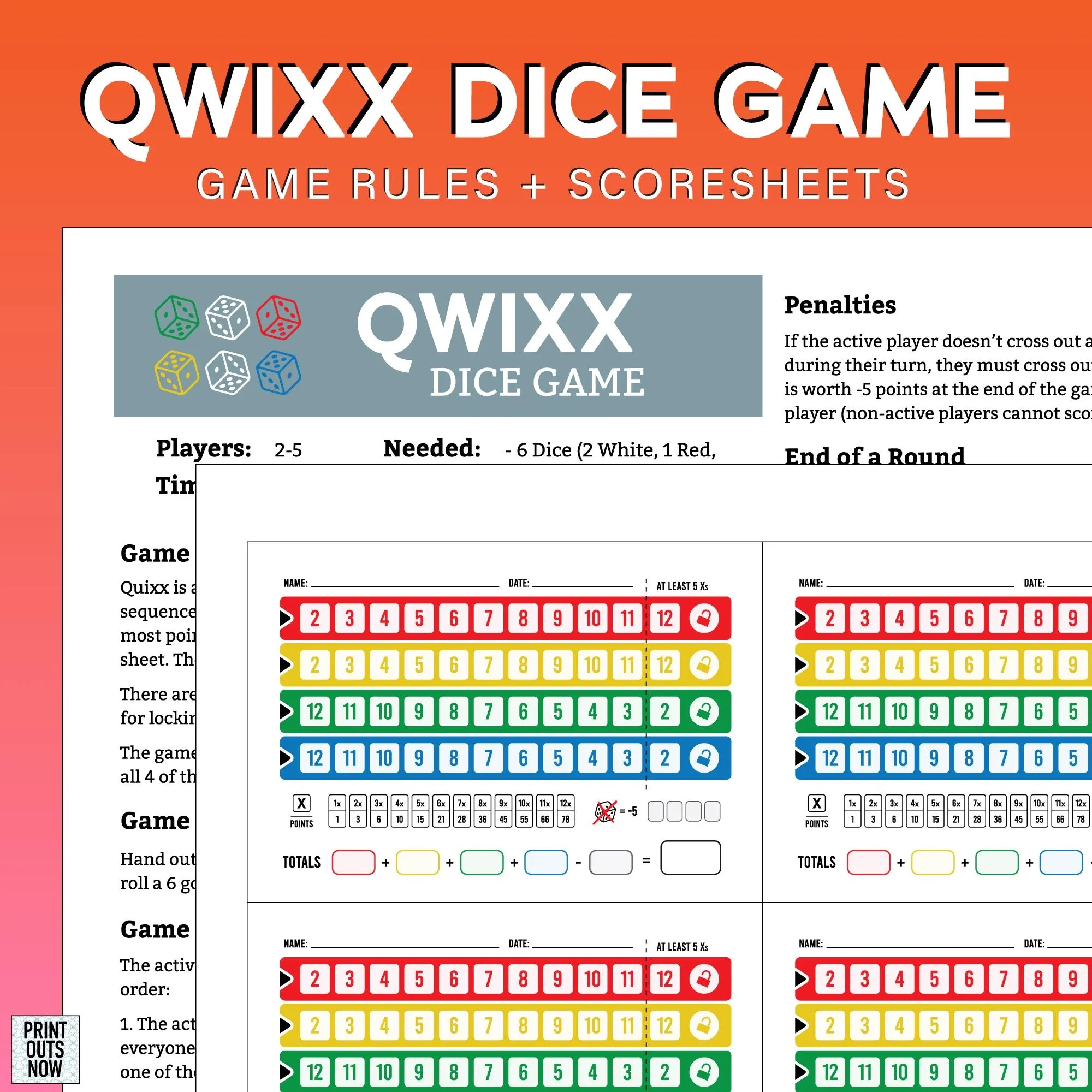 Printable QUIXX Dice Game Rules Scoresheet Instant Download Files Etsy