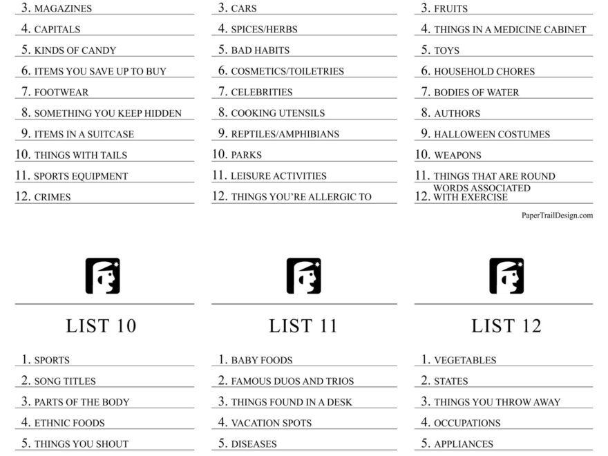 Printable Scattergories Game Paper Trail Design