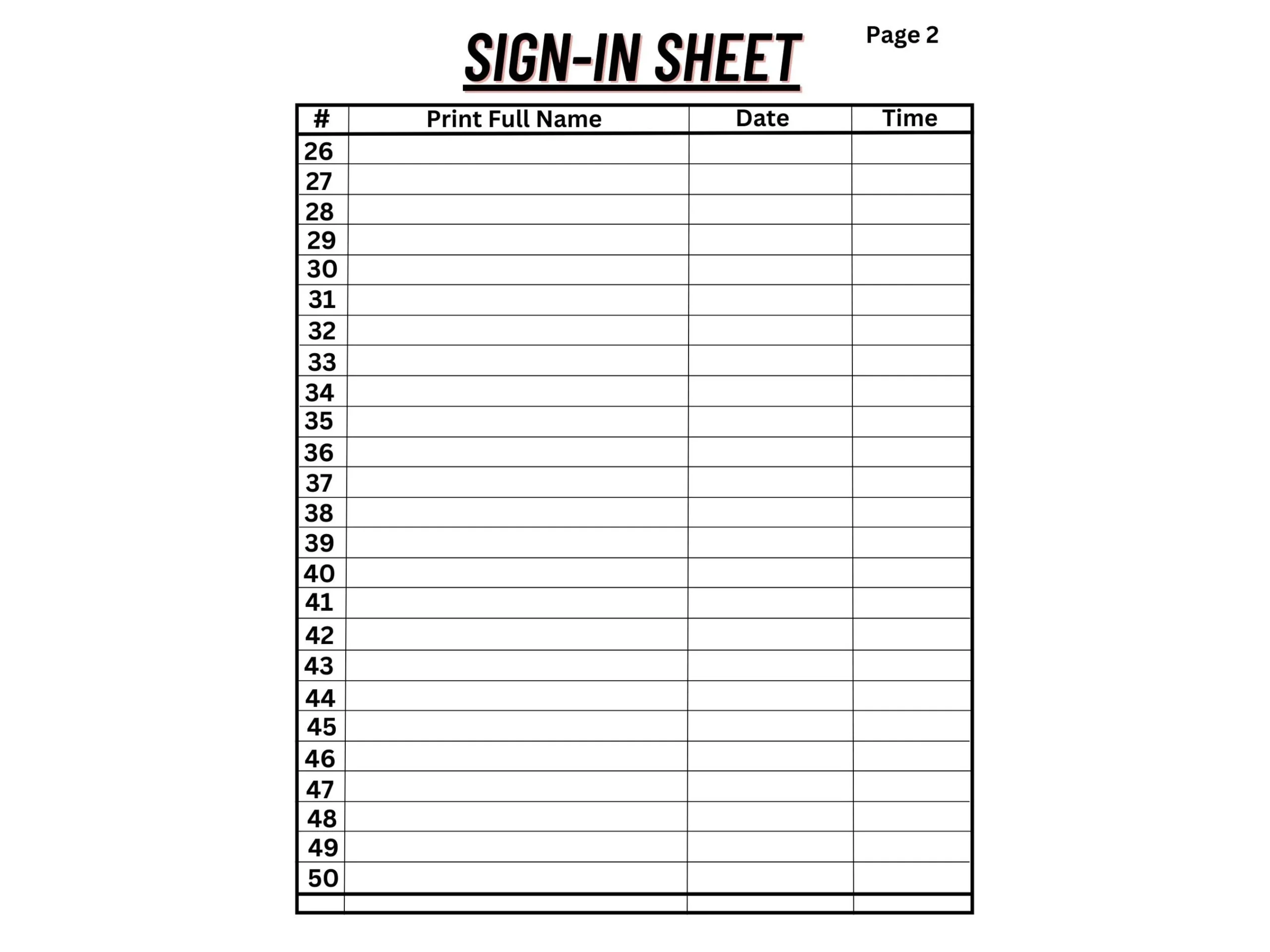 Printable Sign in Sheet 25 Rows 8 5x11 Inches Etsy
