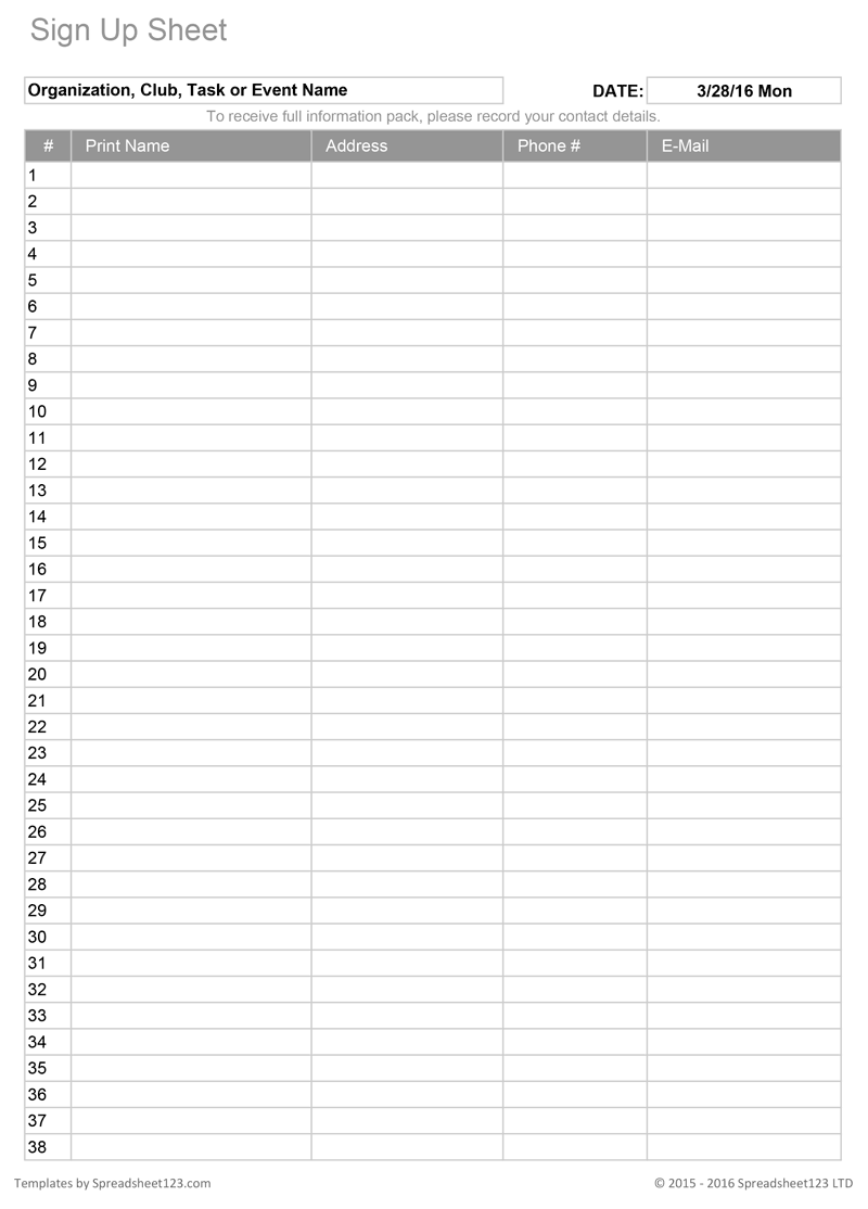 Printable Free Sign Up Sheet